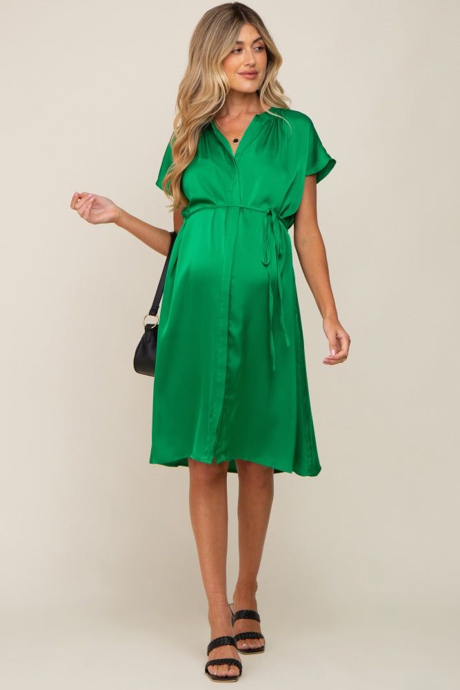 Green Satin Button Front Waist Tie Maternity Midi Dress sold by Pinkblush