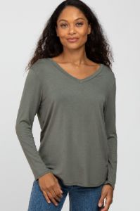 Olive V-Neck Round Hem Long Sleeve Maternity Top sold by Pinkblush