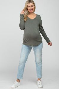 Olive V-Neck Round Hem Long Sleeve Maternity Top sold by Pinkblush