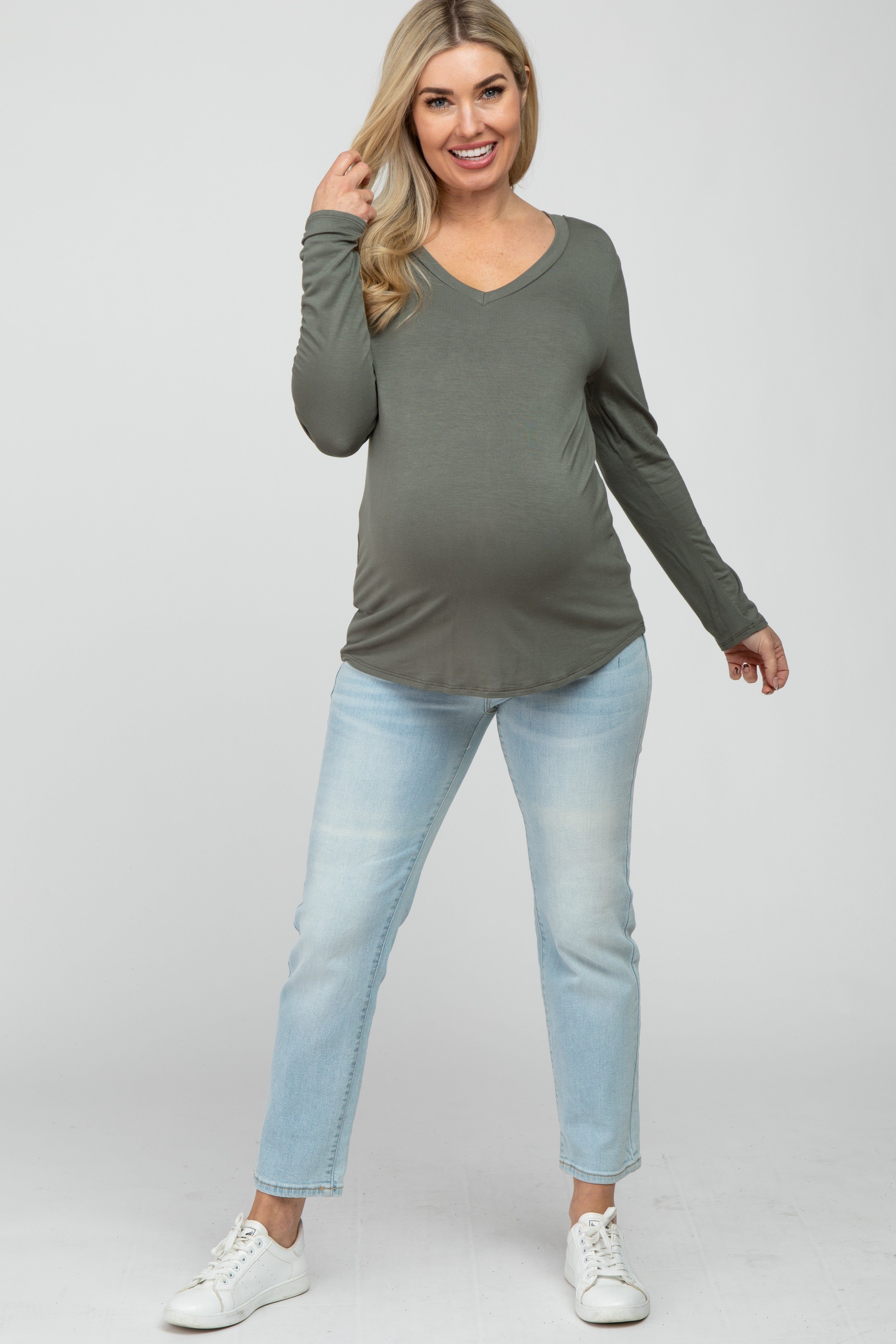 Olive V-Neck Round Hem Long Sleeve Maternity Top sold by Pinkblush product image thumbnail 2