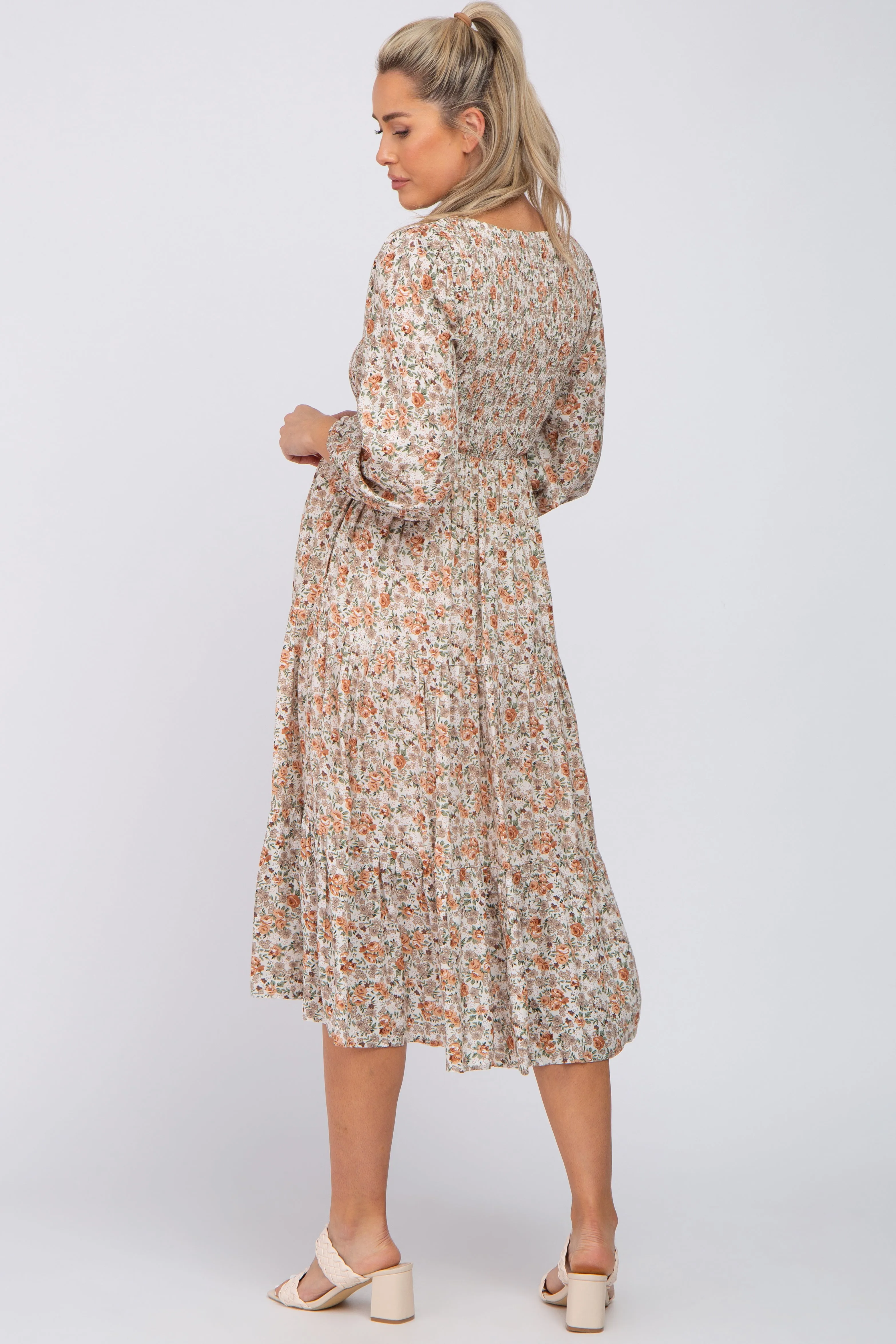 Cream Floral Smocked 3/4 Sleeve Maternity Midi Dress sold by Pinkblush product image thumbnail 3