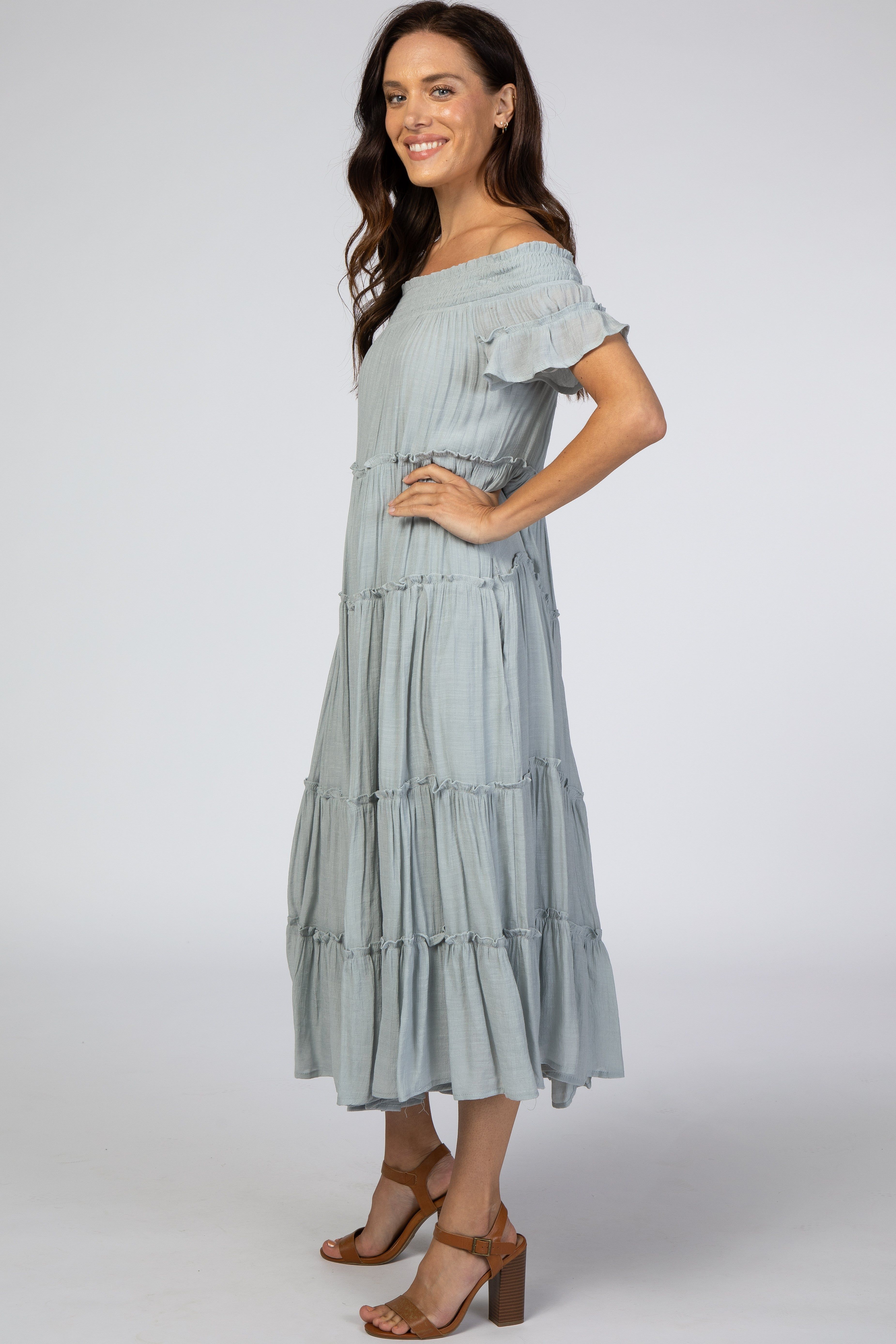 Blue Smocked Off Shoulder Ruffle Tiered Midi Dress sold by Pinkblush product image thumbnail 2