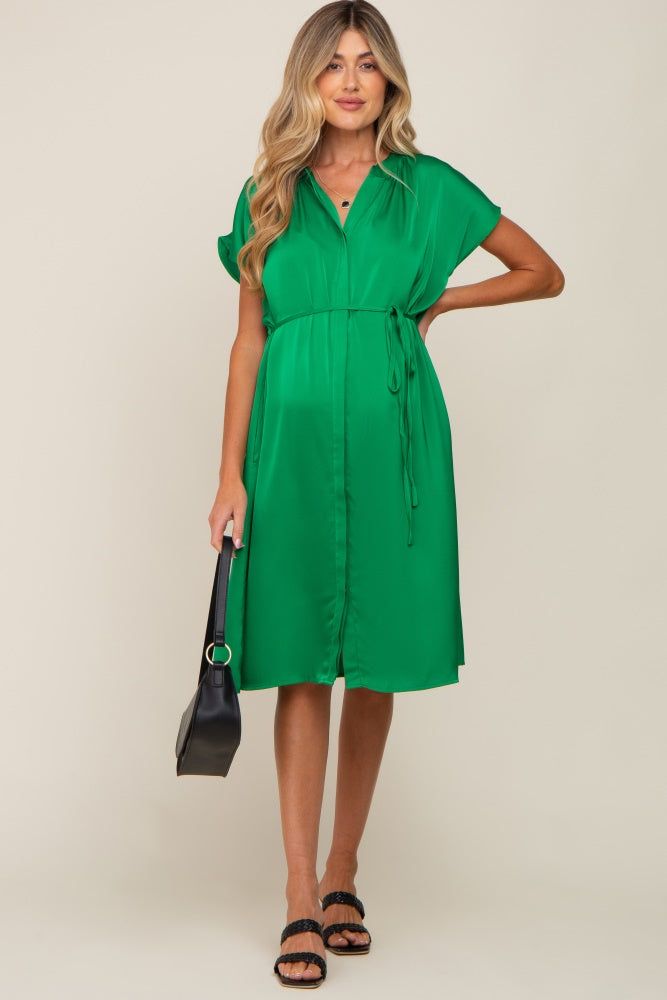 Green Satin Button Front Waist Tie Maternity Midi Dress sold by Pinkblush product image thumbnail 2