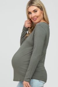 Olive V-Neck Round Hem Long Sleeve Maternity Top sold by Pinkblush