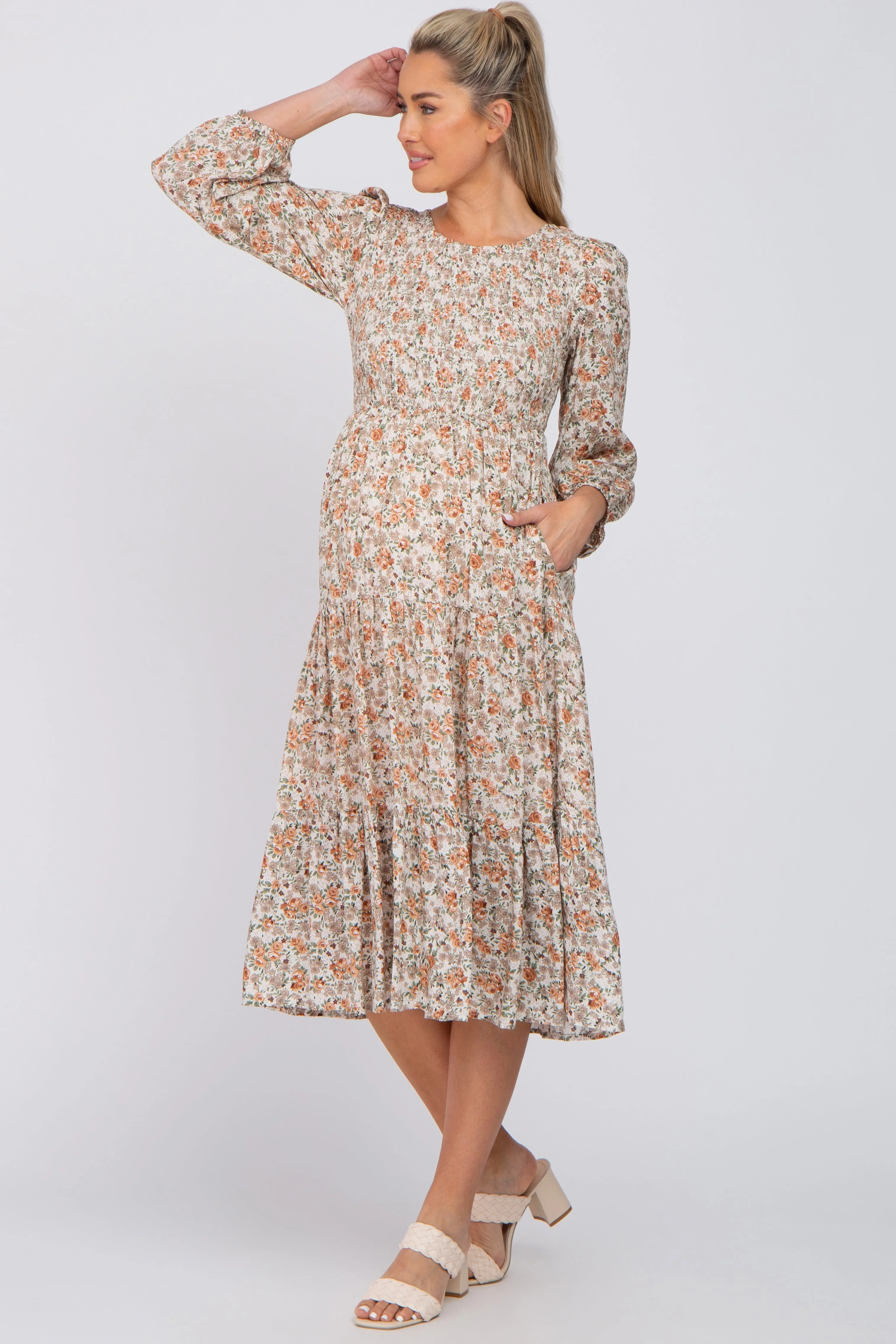 Cream Floral Smocked 3/4 Sleeve Maternity Midi Dress sold by Pinkblush product image thumbnail 4