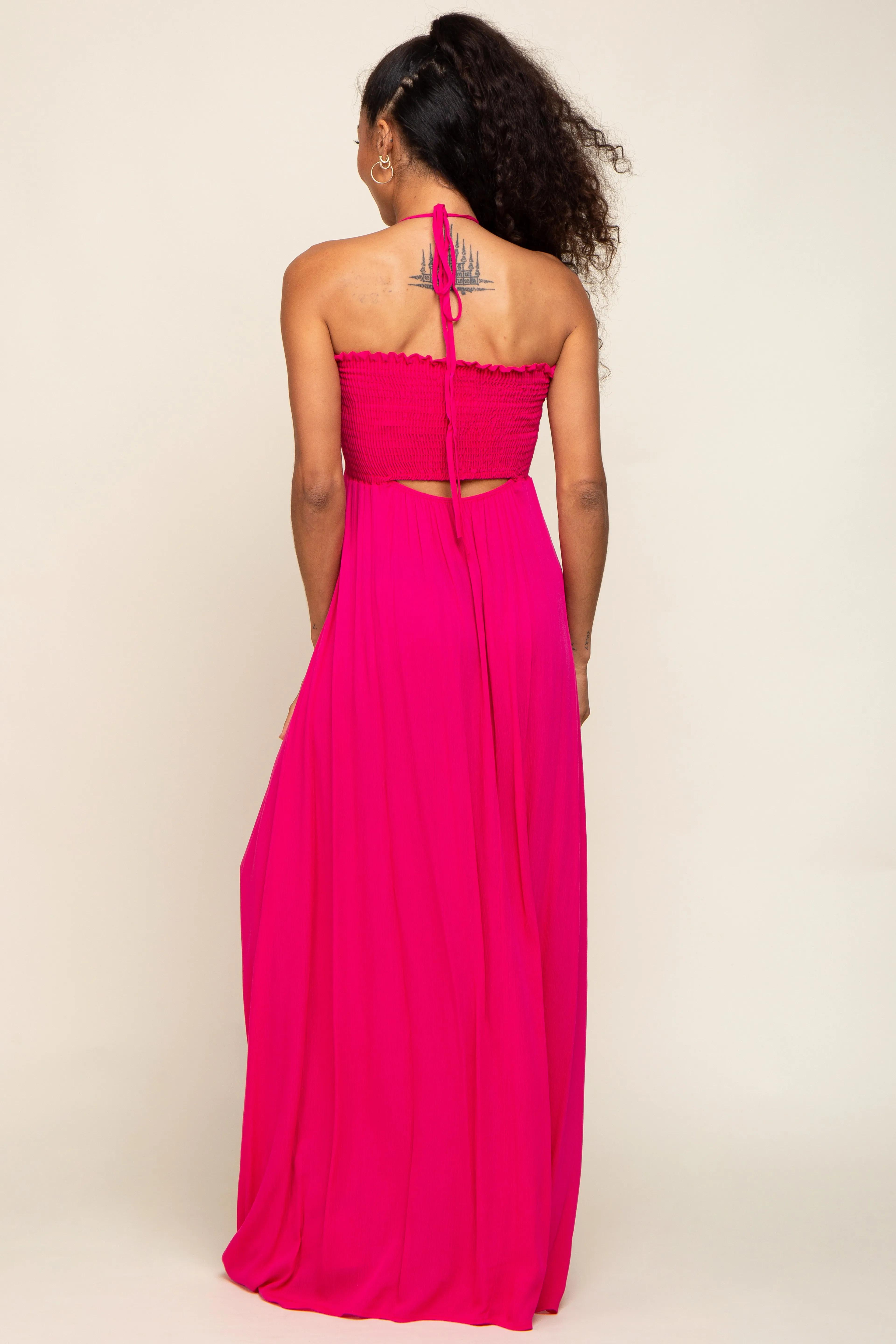 Fuchsia Smocked Halter Maxi Dress sold by Pinkblush product image thumbnail 3