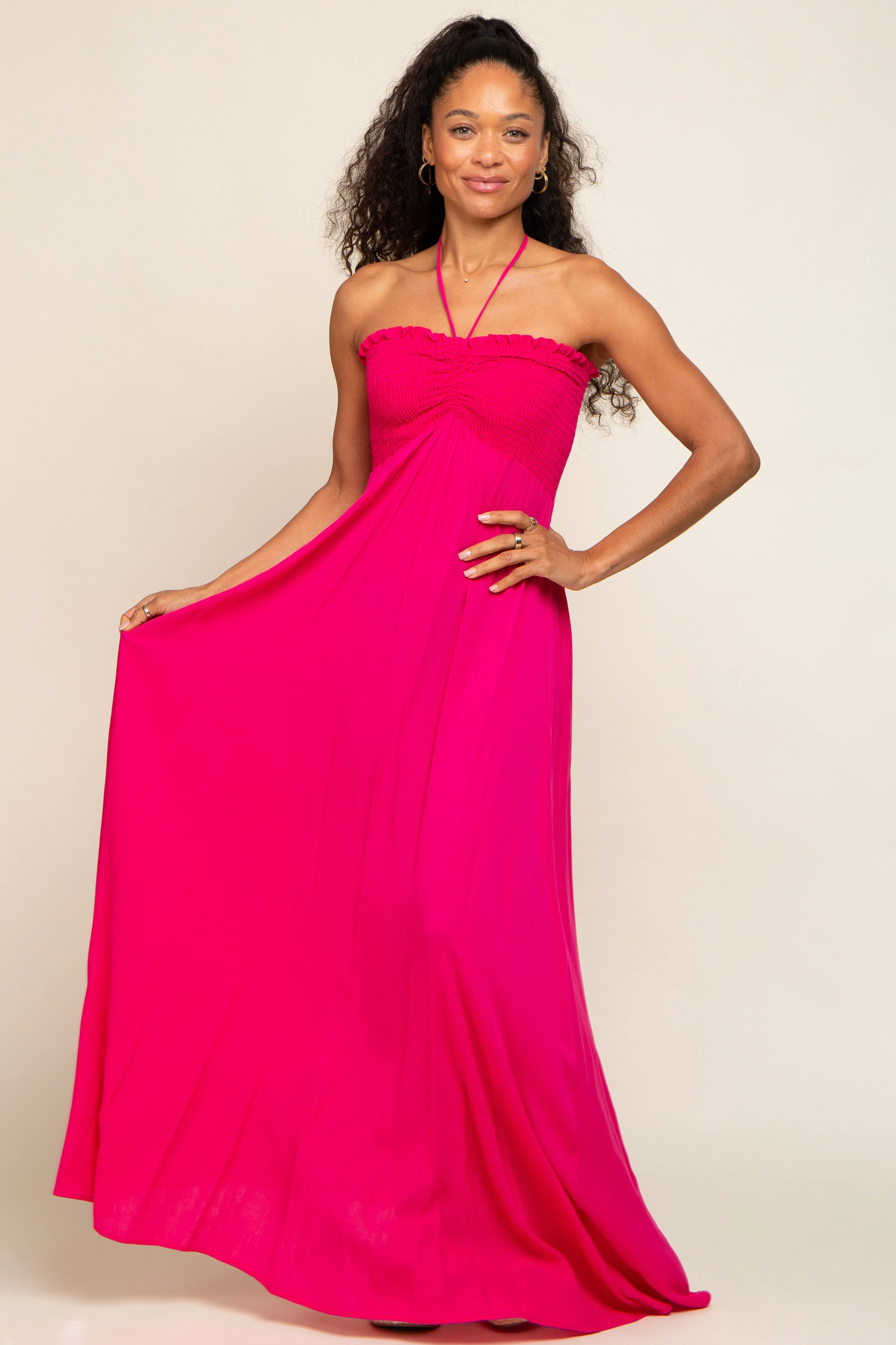 Fuchsia Smocked Halter Maxi Dress sold by Pinkblush product image thumbnail 4