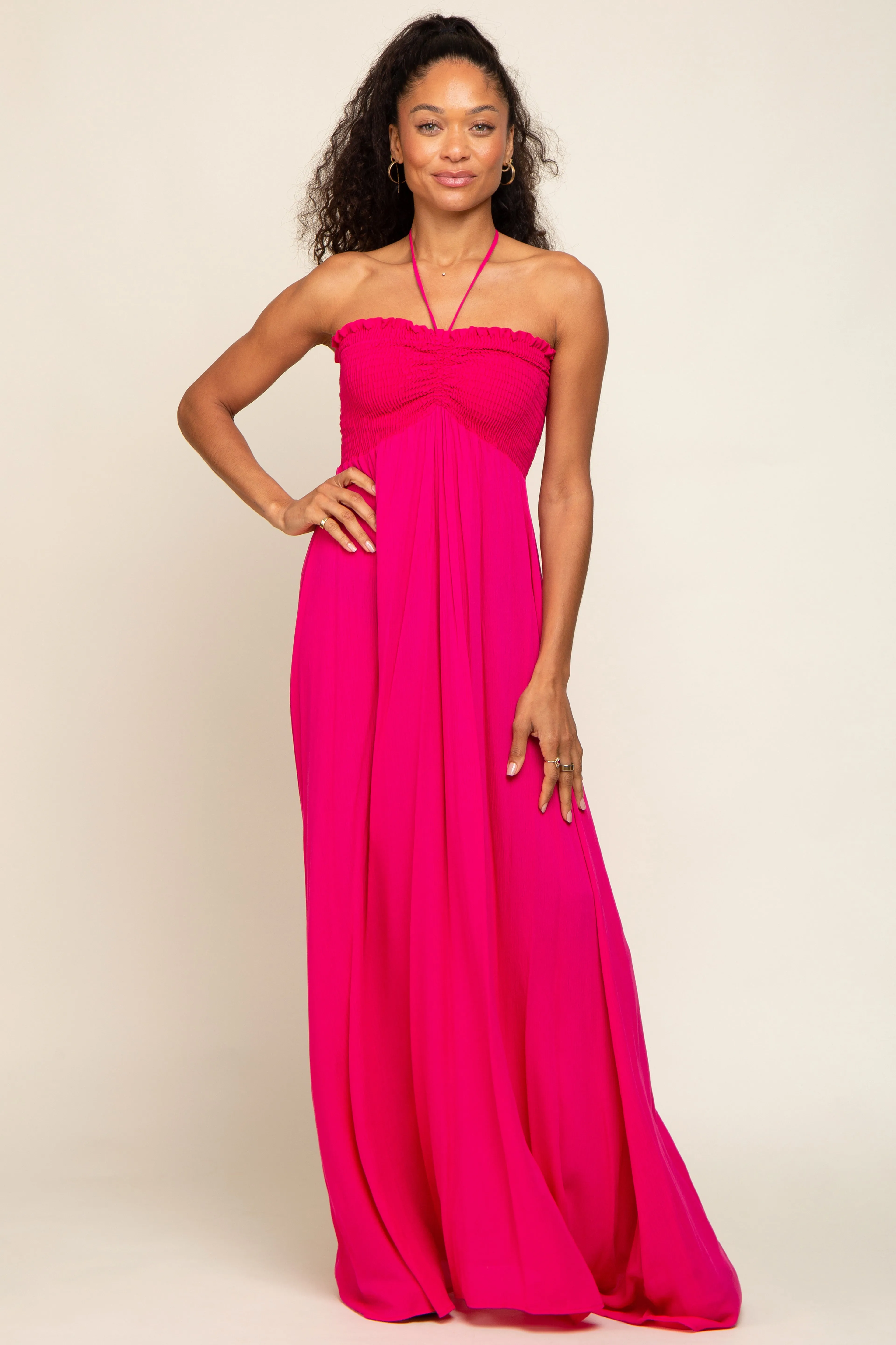 Fuchsia Smocked Halter Maxi Dress sold by Pinkblush