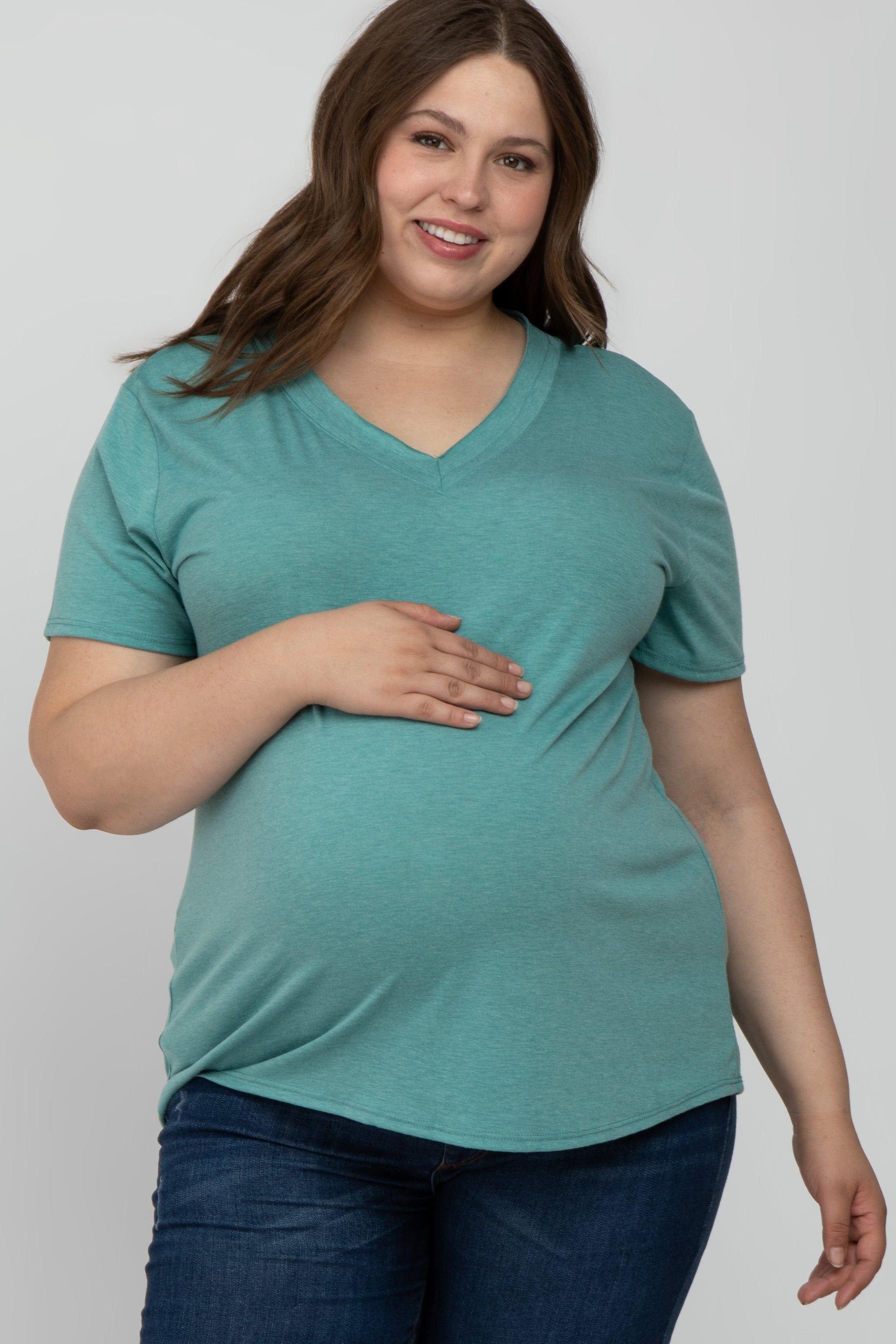 Mint Heathered V-Neck Plus Maternity Top sold by Pinkblush