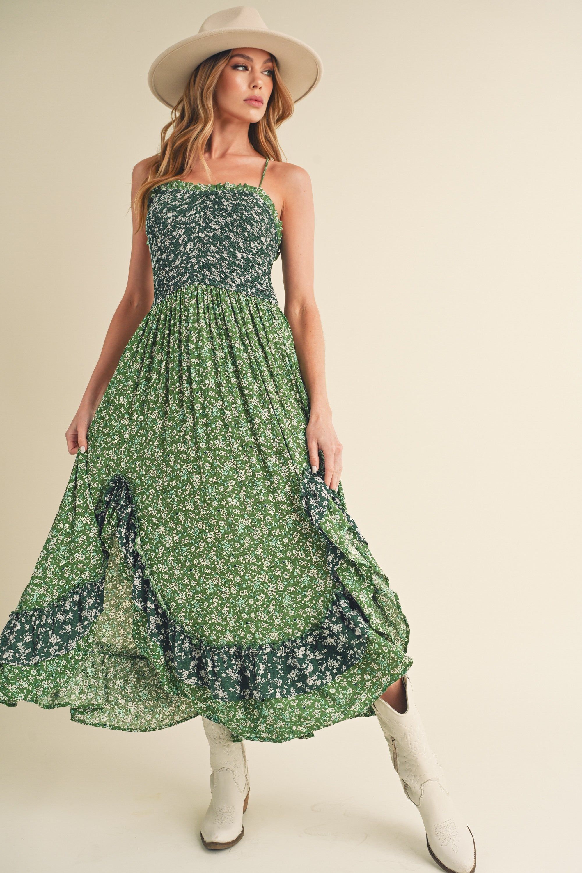 Green Printed Ruffle Dress sold by Pinkblush