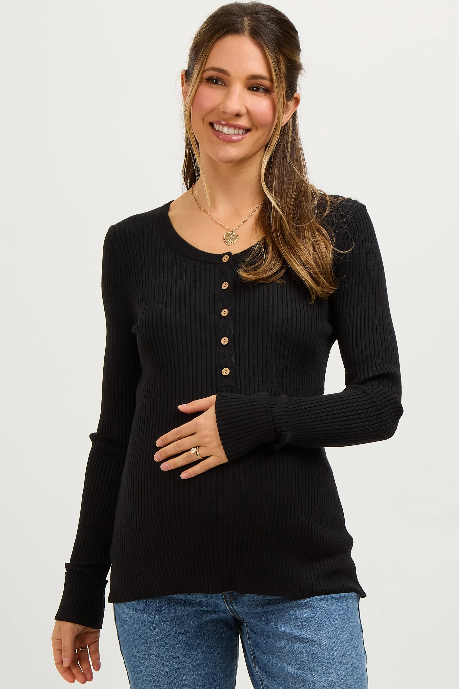 Charcoal Ribbed Maternity Henley Top sold by Pinkblush