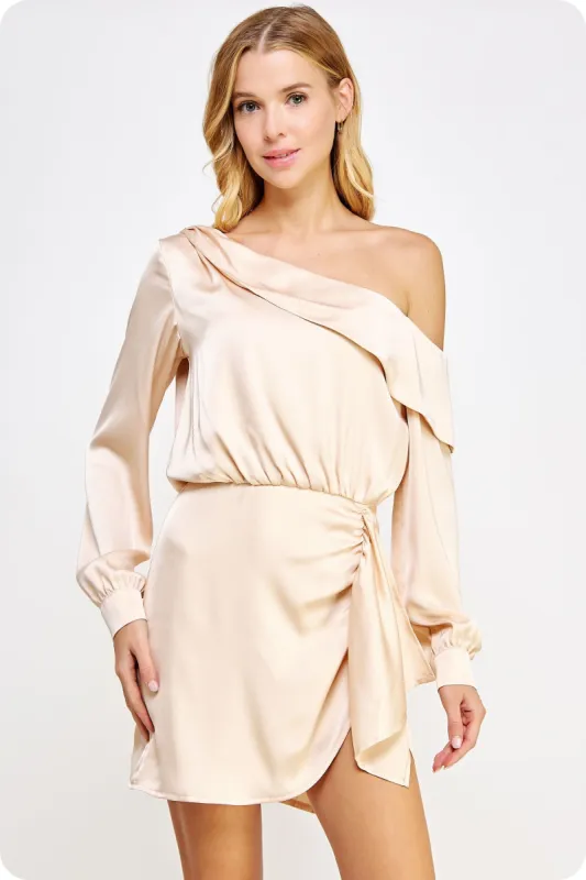 Champagne One Shoulder Draped Satin Mini Dress sold by Pinkblush