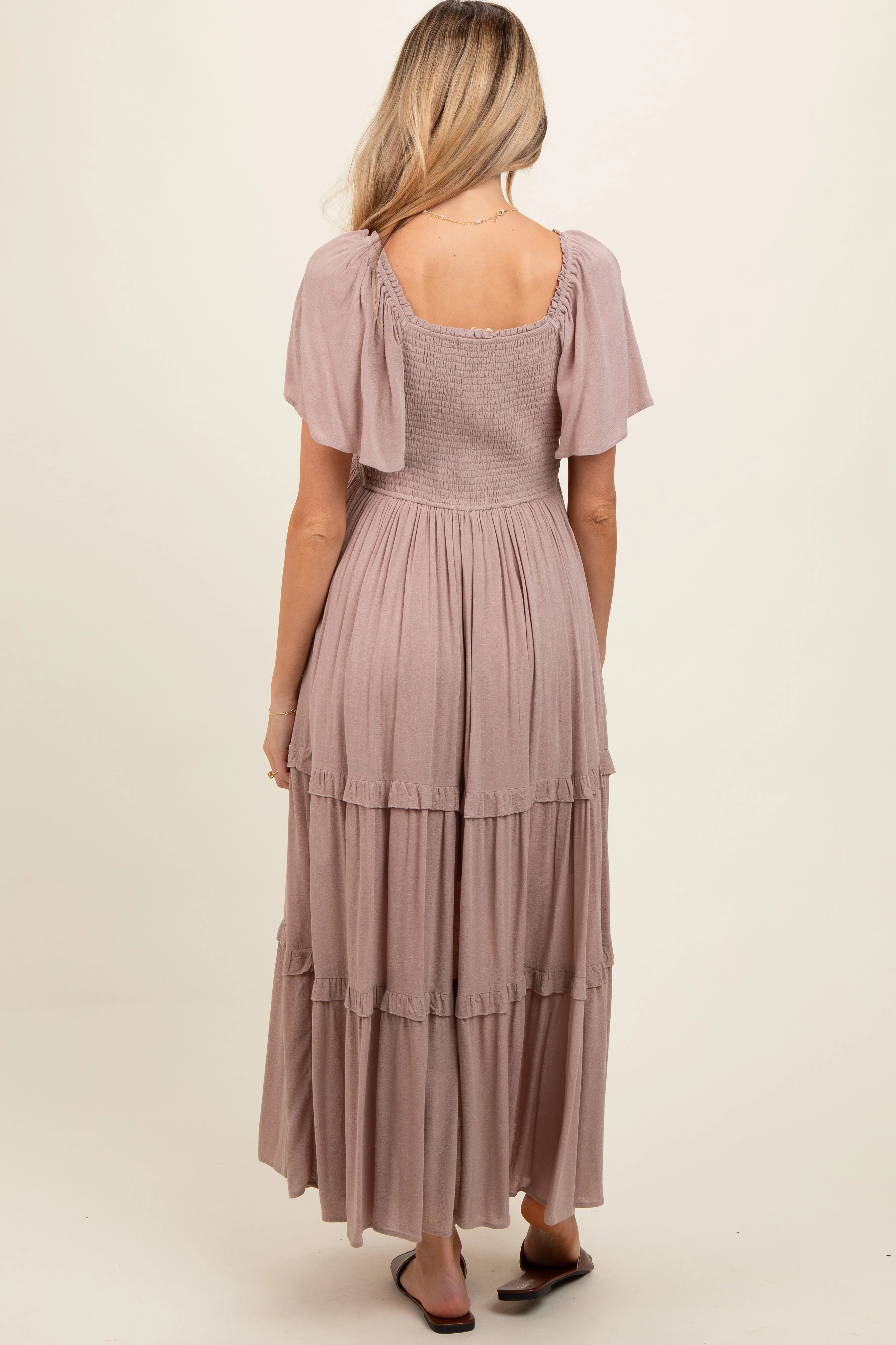 Mocha Crochet Lace Tiered Ruffle Maternity Maxi Dress sold by Pinkblush product image thumbnail 4