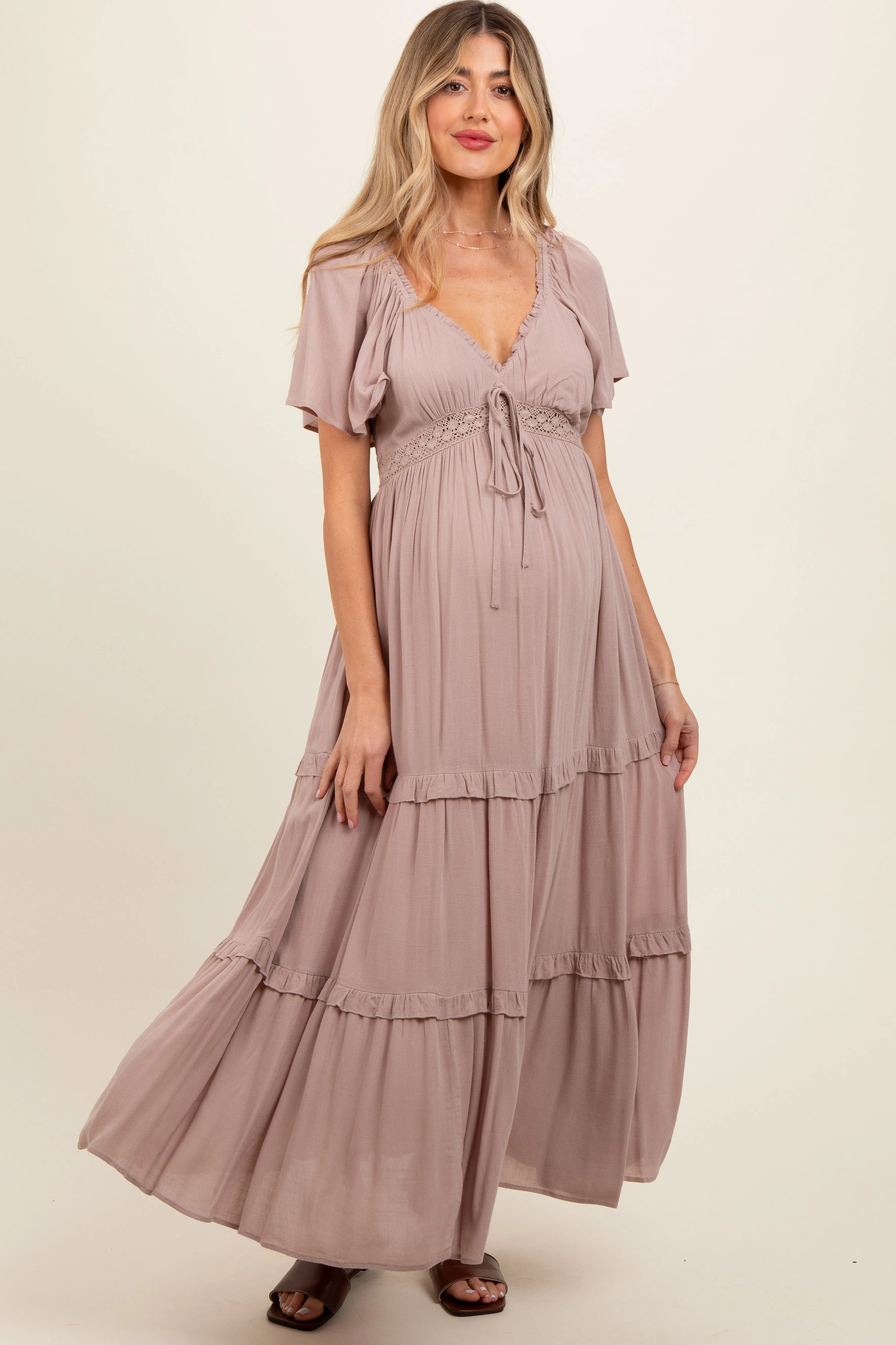 Mocha Crochet Lace Tiered Ruffle Maternity Maxi Dress sold by Pinkblush