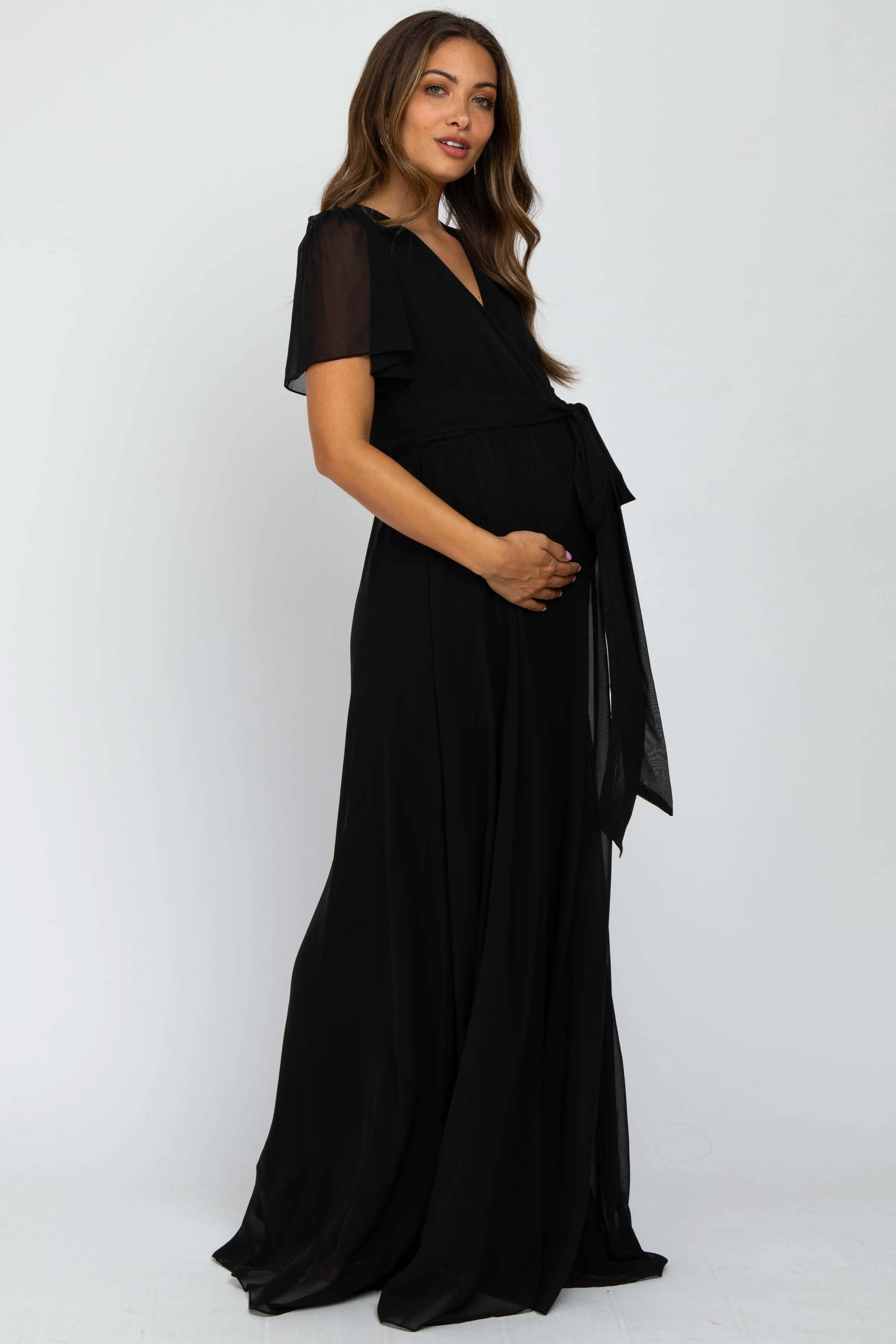 Black Chiffon Short Sleeve Maternity Maxi Dress sold by Pinkblush product image thumbnail 2