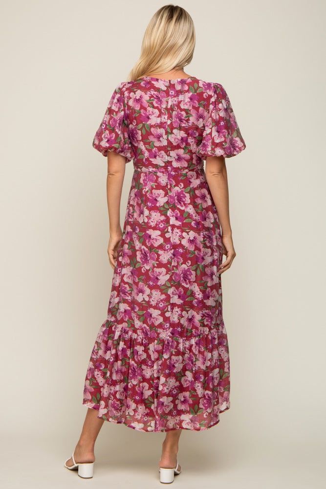 Burgundy Floral Deep V-Neck Puff Sleeve Maxi Dress sold by Pinkblush product image thumbnail 3