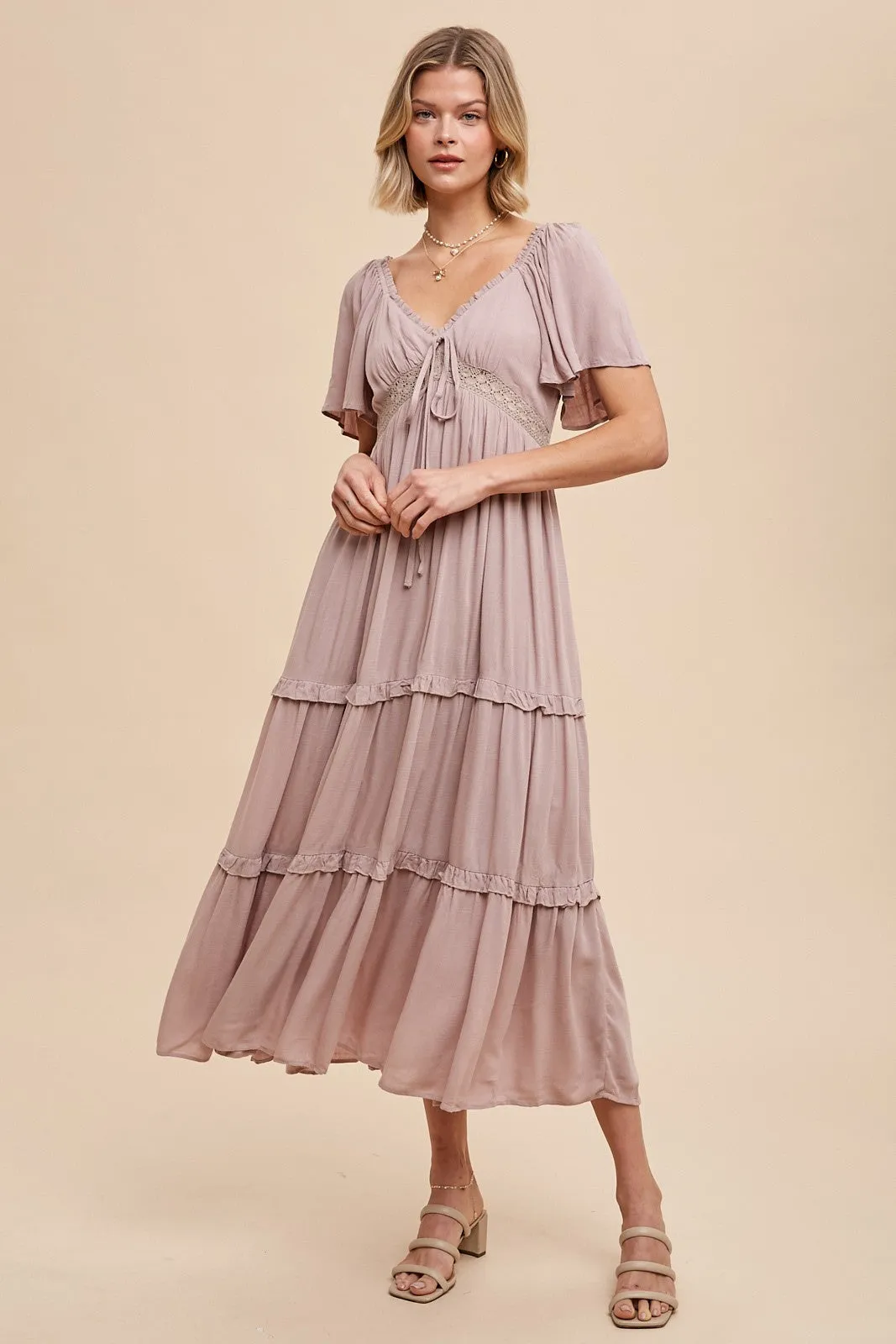 Mocha Crochet Lace Tiered Ruffle Maternity Maxi Dress sold by Pinkblush product image thumbnail 5