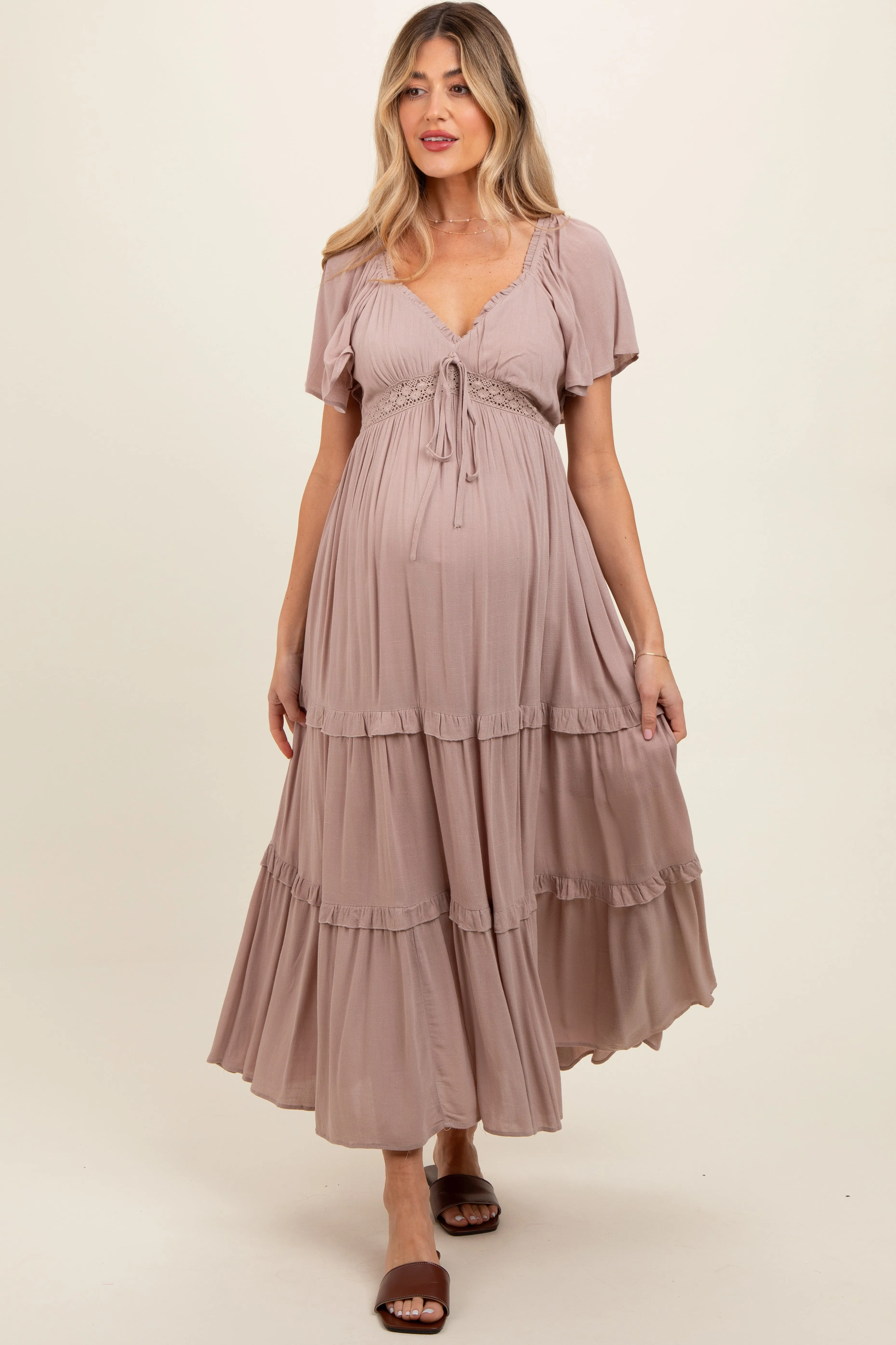 Mocha Crochet Lace Tiered Ruffle Maternity Maxi Dress sold by Pinkblush product image thumbnail 2