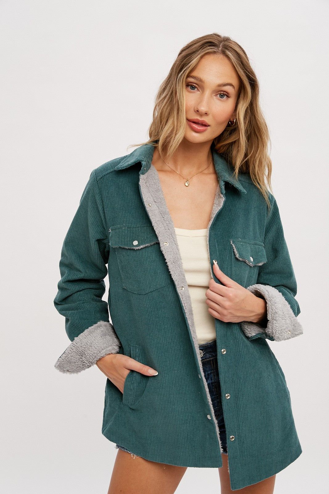 Forest Green Corduroy Sherpa Lined Shacket sold by Pinkblush product image thumbnail 2