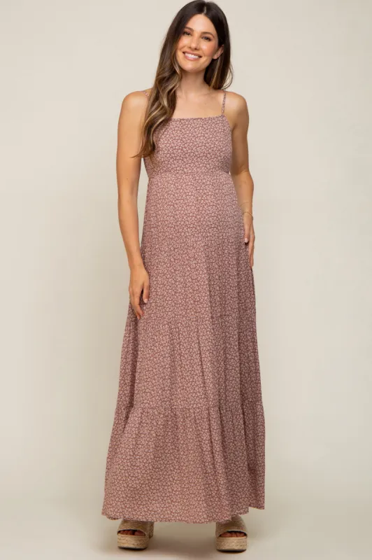 Mauve Ditsy Floral Tiered Maternity Maxi Dress sold by Pinkblush