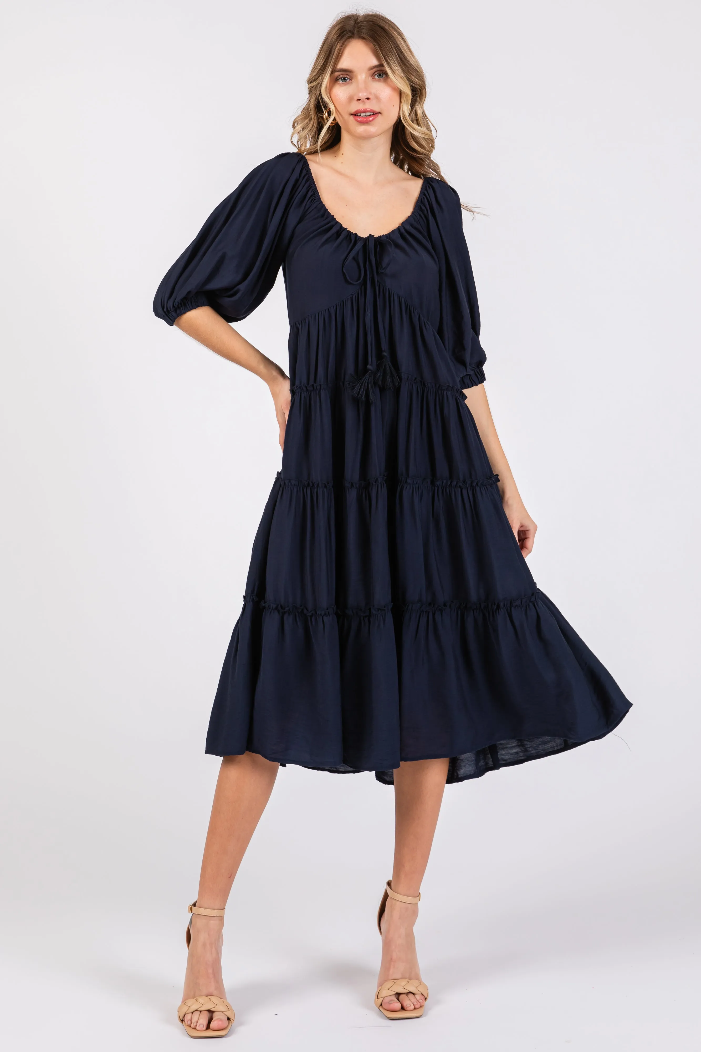 Navy Tiered Maternity Midi Dress sold by Pinkblush product image thumbnail 4