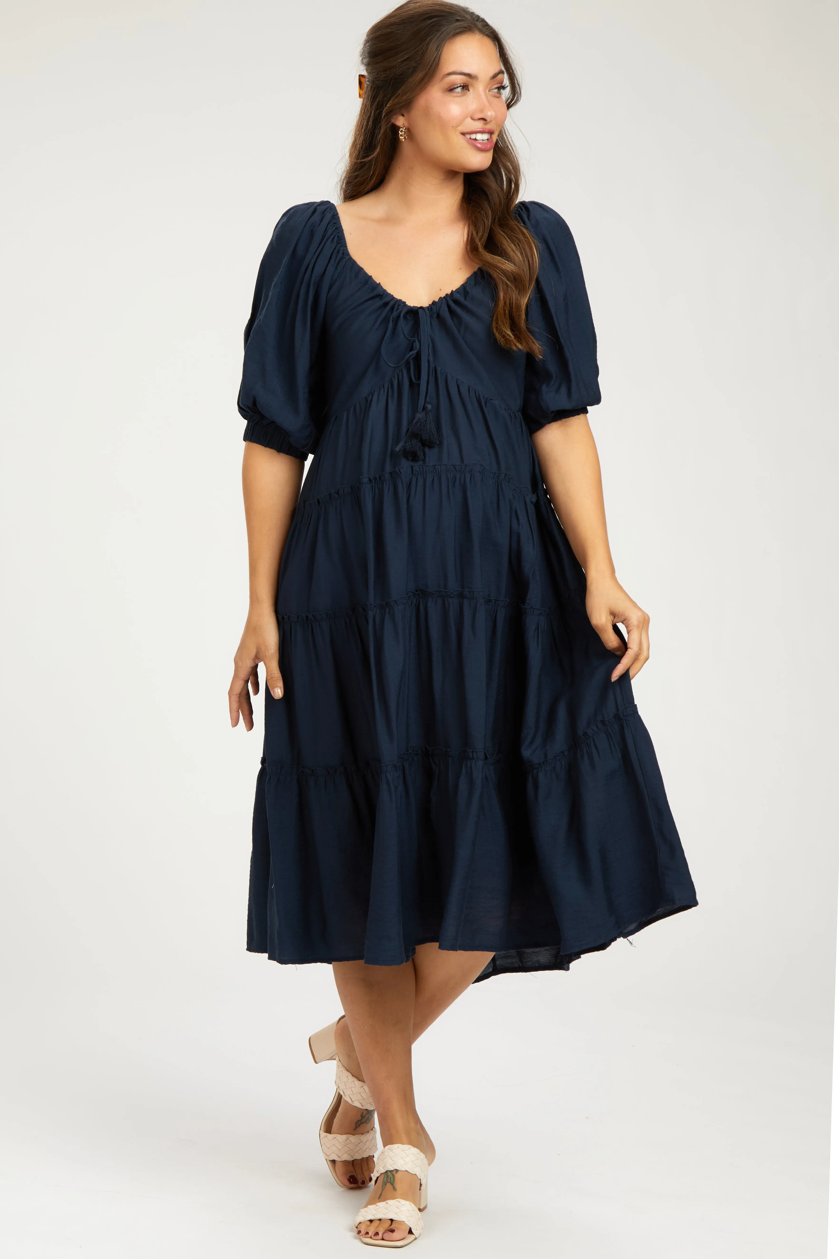 Navy Tiered Maternity Midi Dress sold by Pinkblush