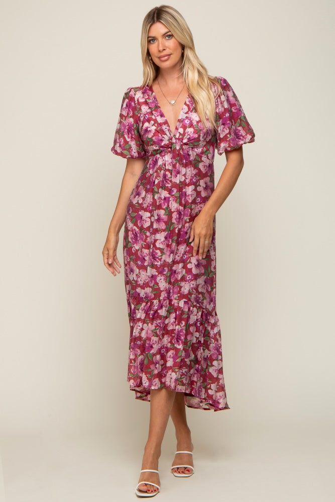 Burgundy Floral Deep V-Neck Puff Sleeve Maxi Dress sold by Pinkblush product image thumbnail 4
