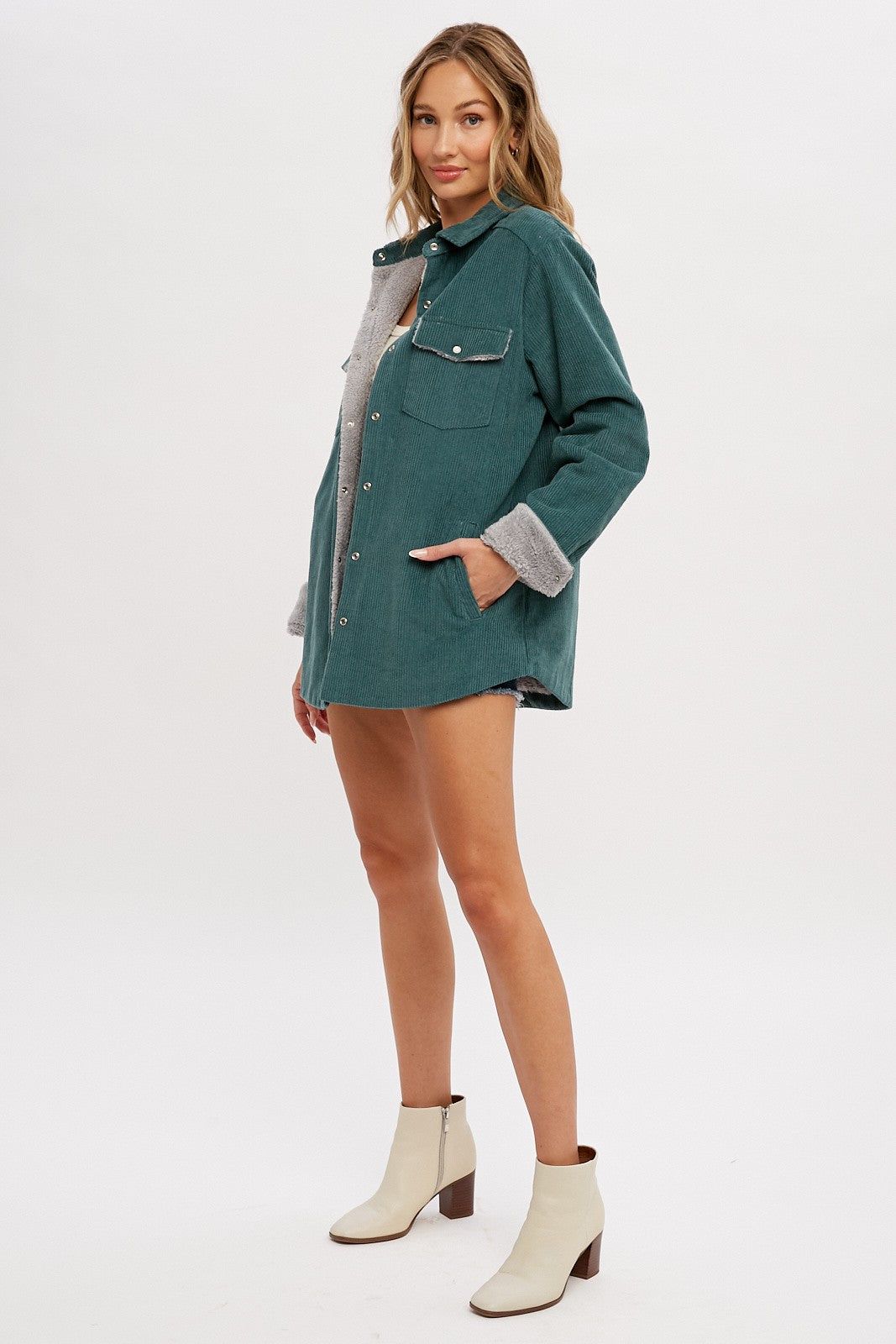 Forest Green Corduroy Sherpa Lined Shacket sold by Pinkblush product image thumbnail 3