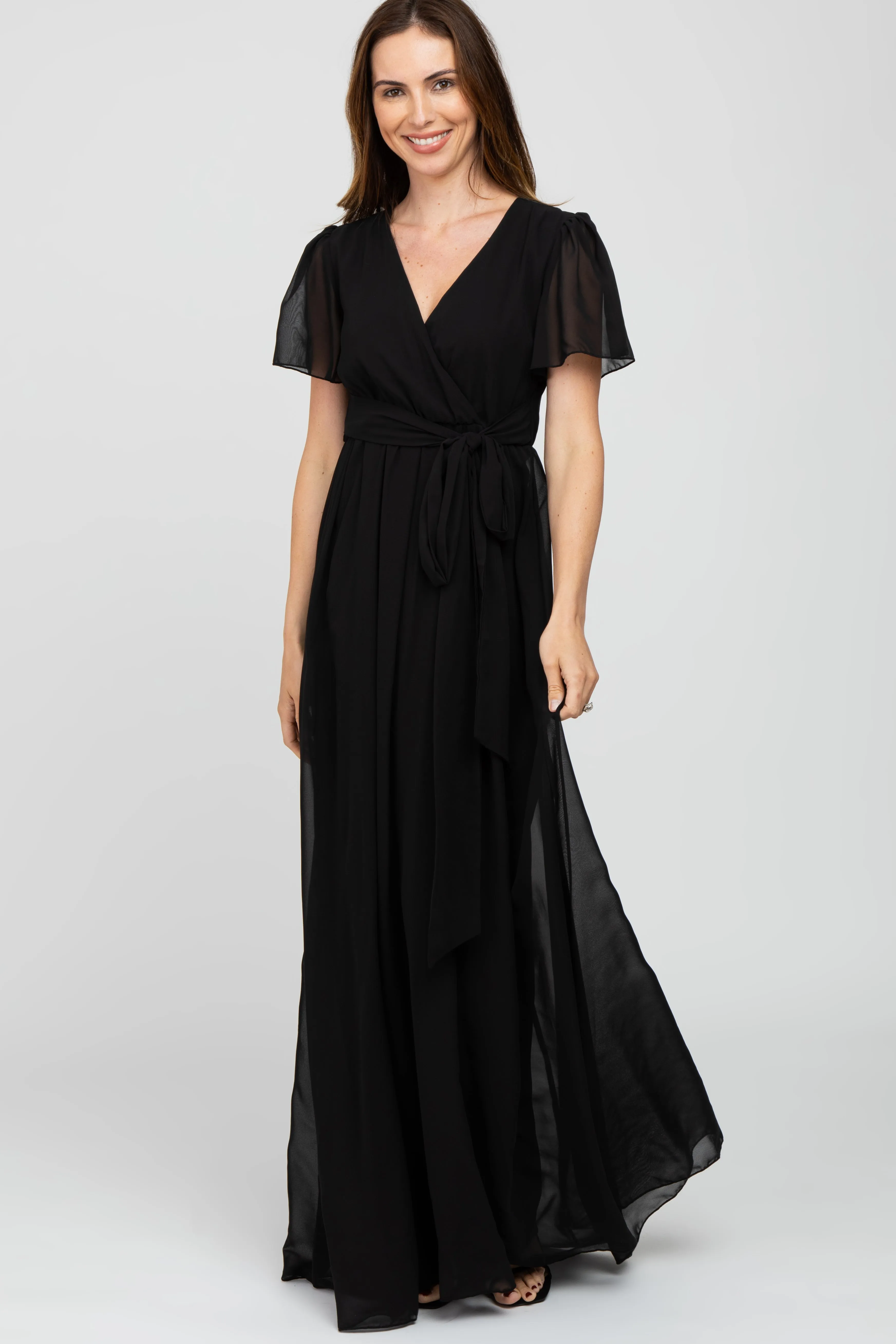 Black Chiffon Short Sleeve Maternity Maxi Dress sold by Pinkblush product image thumbnail 4