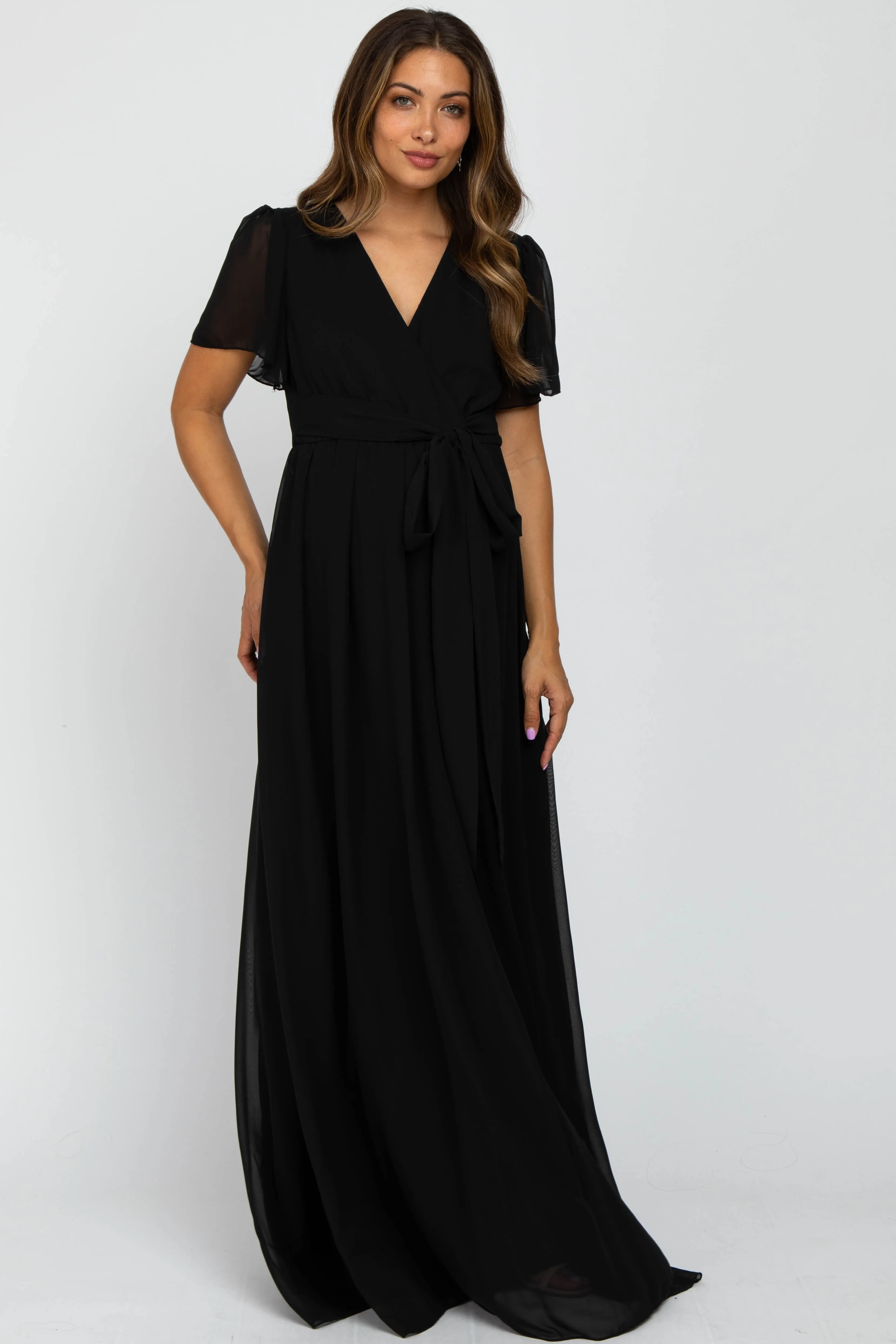 Black Chiffon Short Sleeve Maternity Maxi Dress sold by Pinkblush