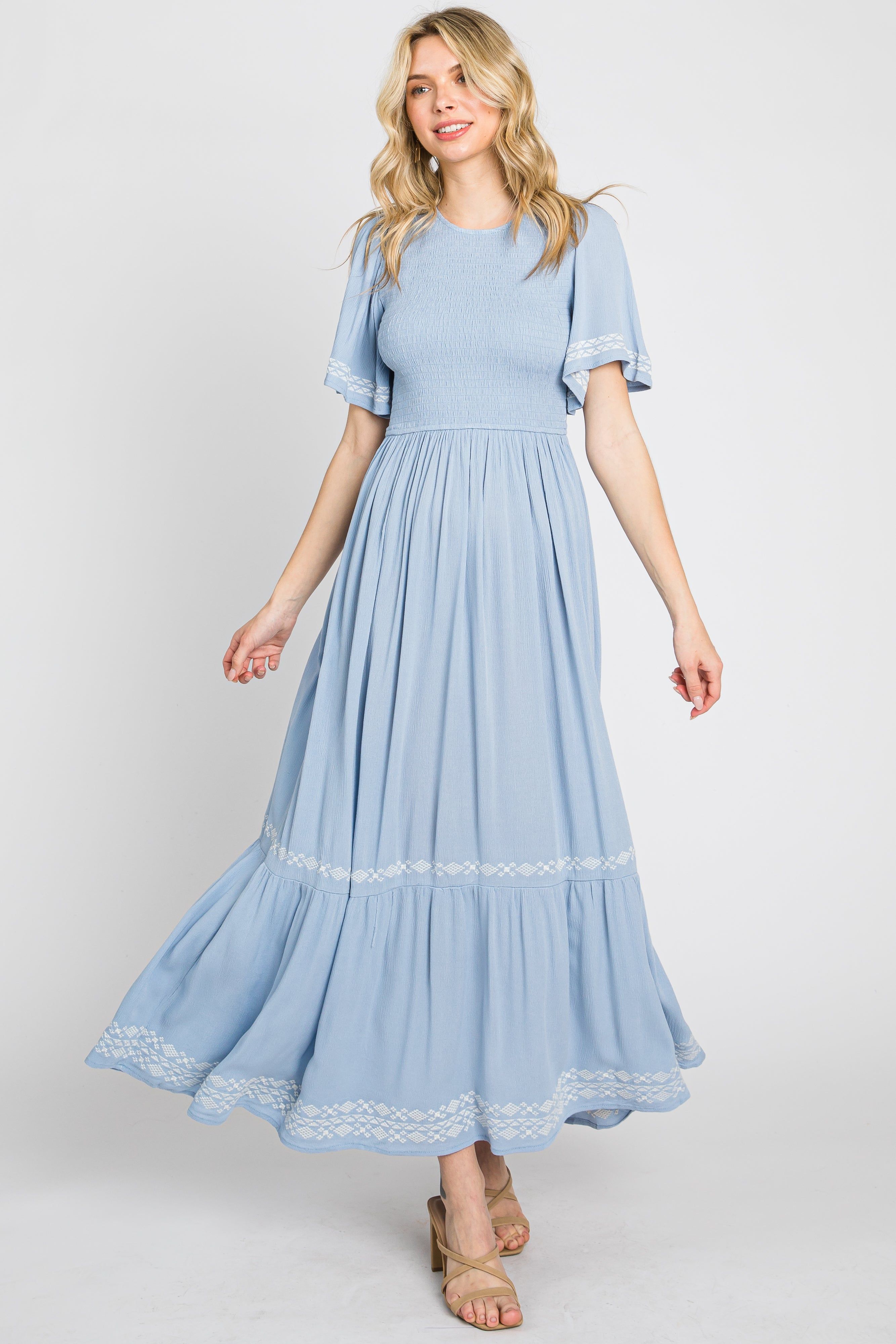 Light Blue Embroidered Accent Maxi Dress sold by Pinkblush
