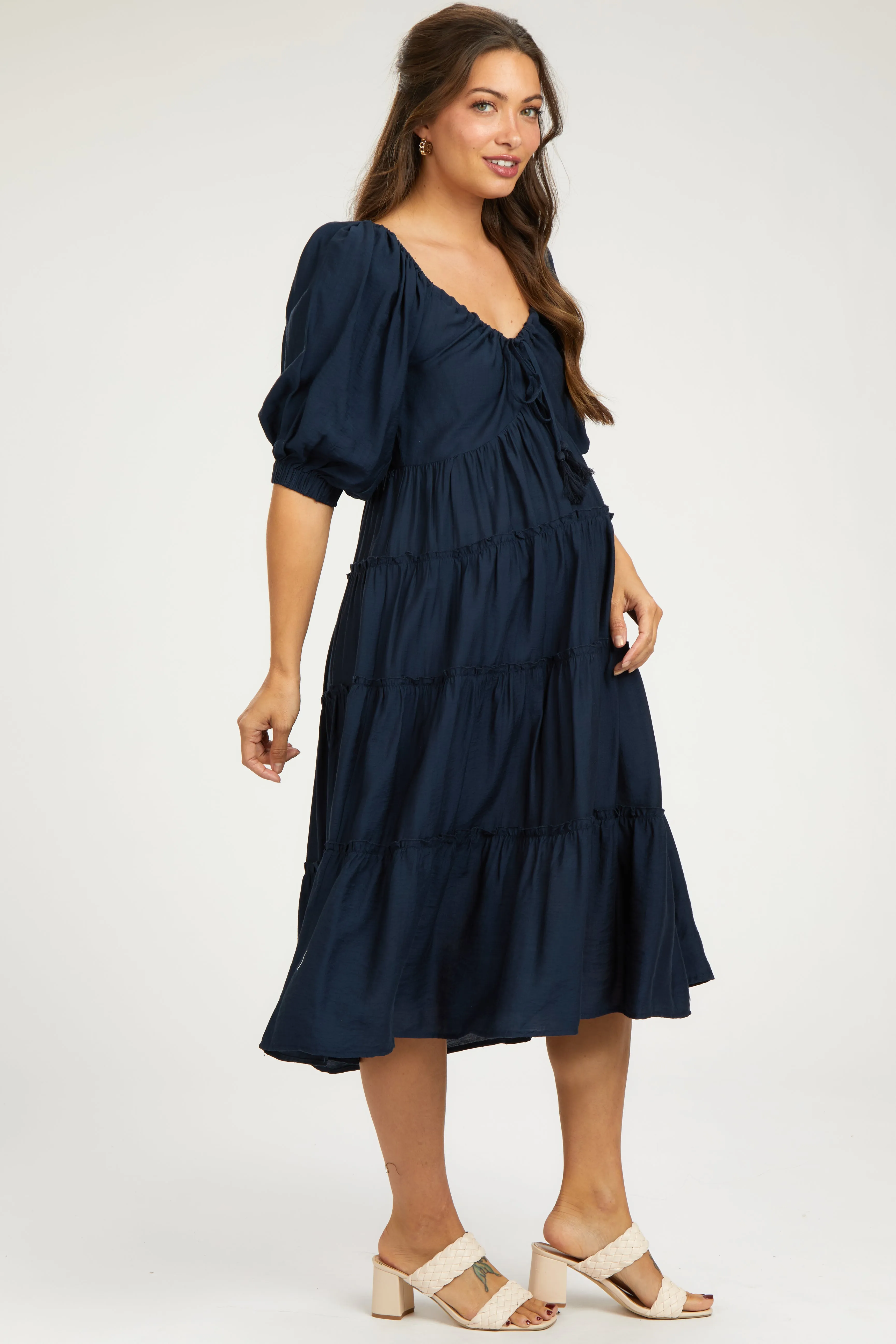 Navy Tiered Maternity Midi Dress sold by Pinkblush product image thumbnail 2