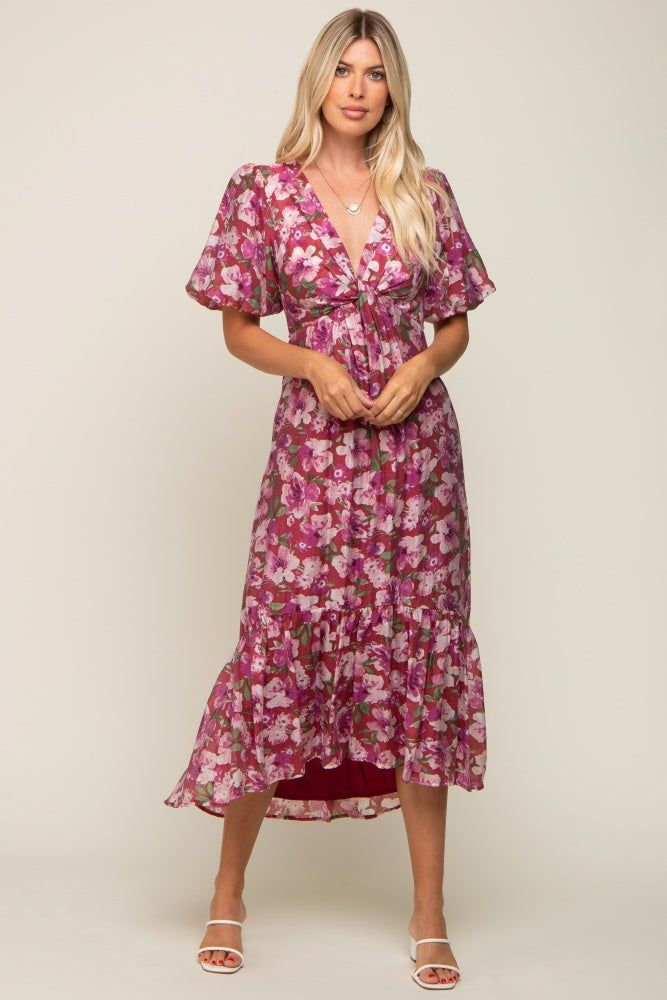 Burgundy Floral Deep V-Neck Puff Sleeve Maxi Dress sold by Pinkblush product image thumbnail 5