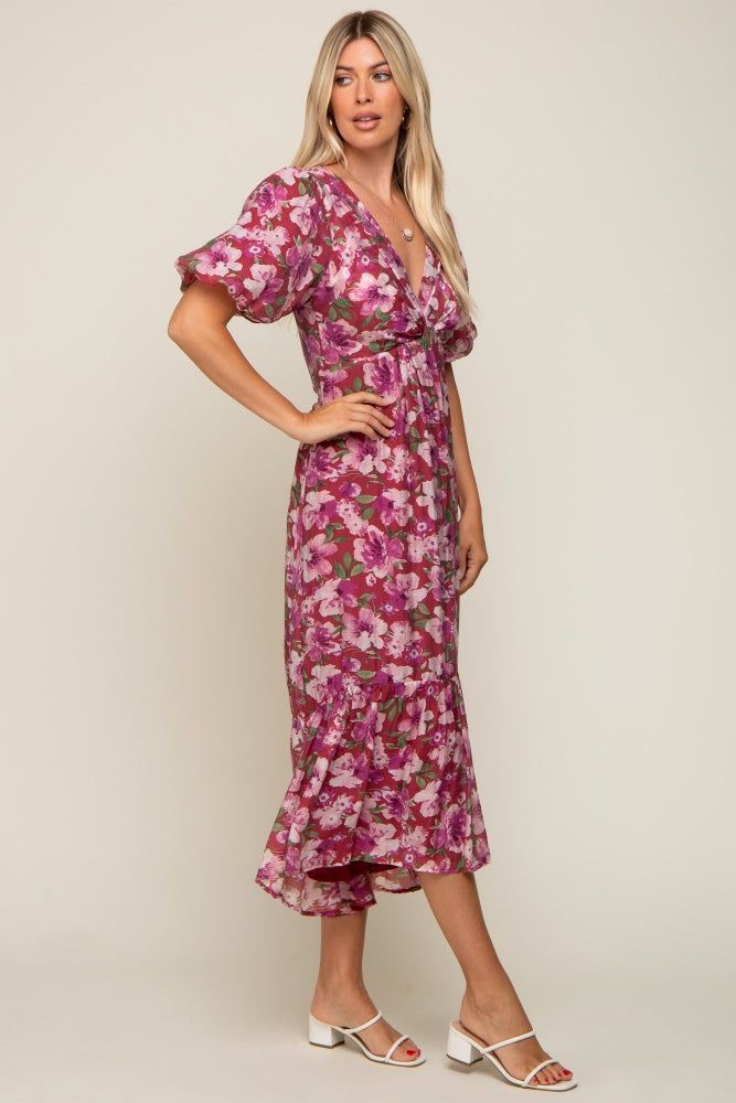 Burgundy Floral Deep V-Neck Puff Sleeve Maxi Dress sold by Pinkblush product image thumbnail 2
