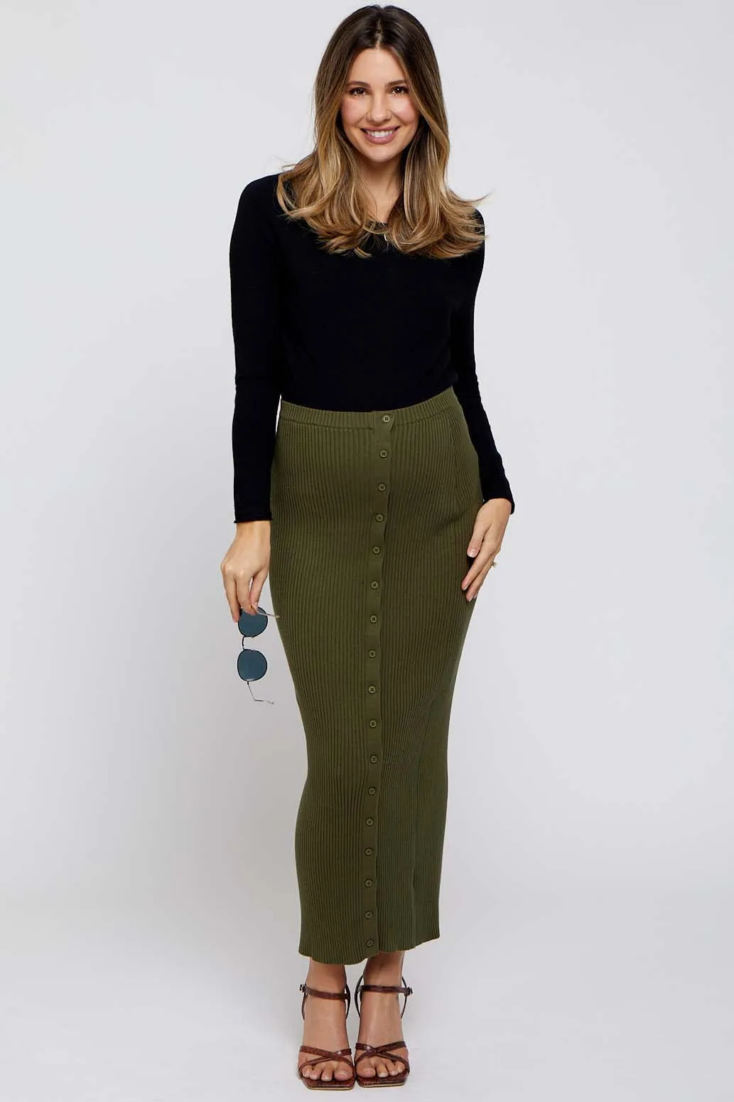 Olive Rib Knit Side Button Maternity Maxi Skirt sold by Pinkblush product image thumbnail 2