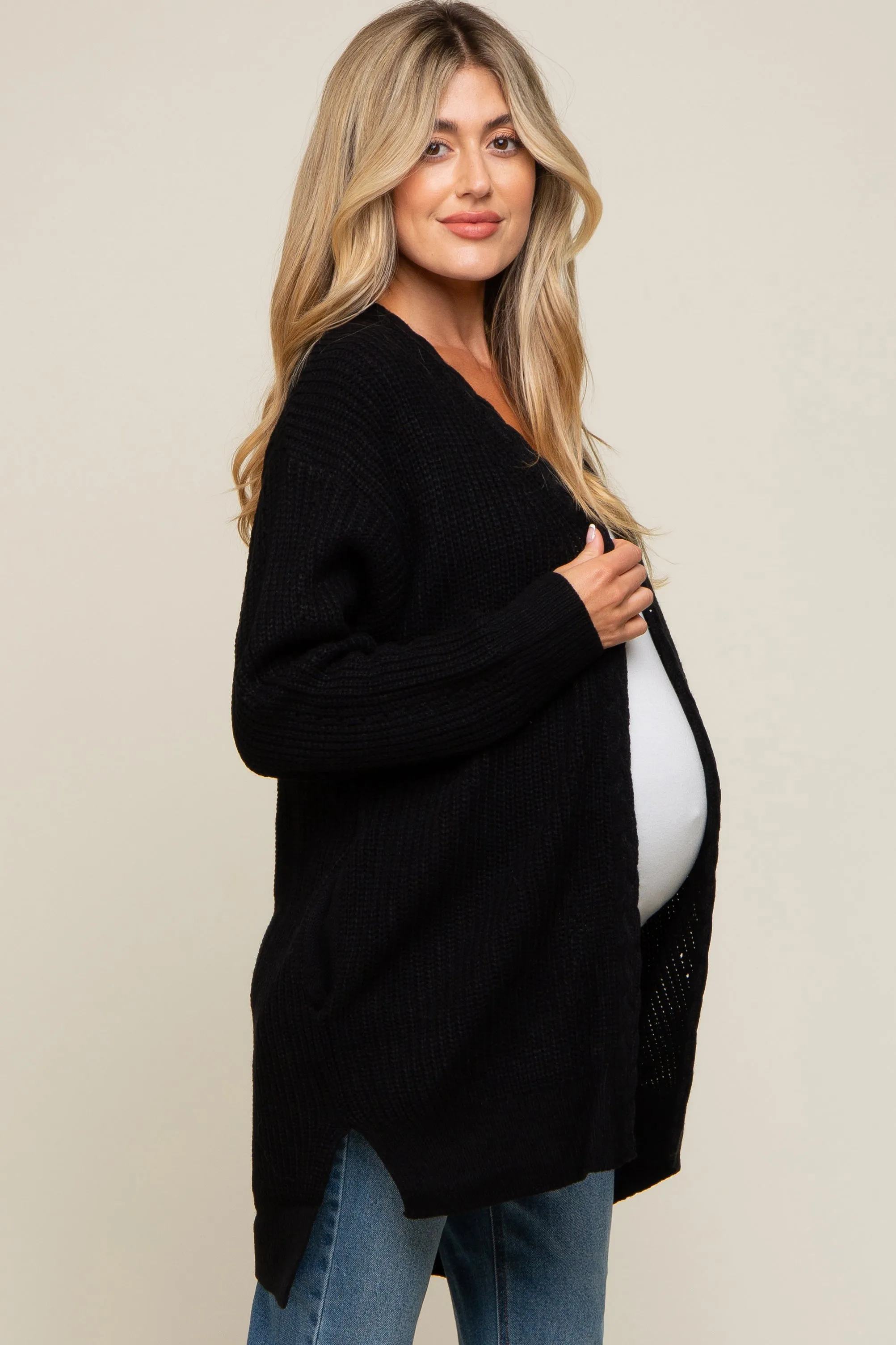 Black Cable Knit Accent Maternity Cardigan sold by Pinkblush product image thumbnail 3