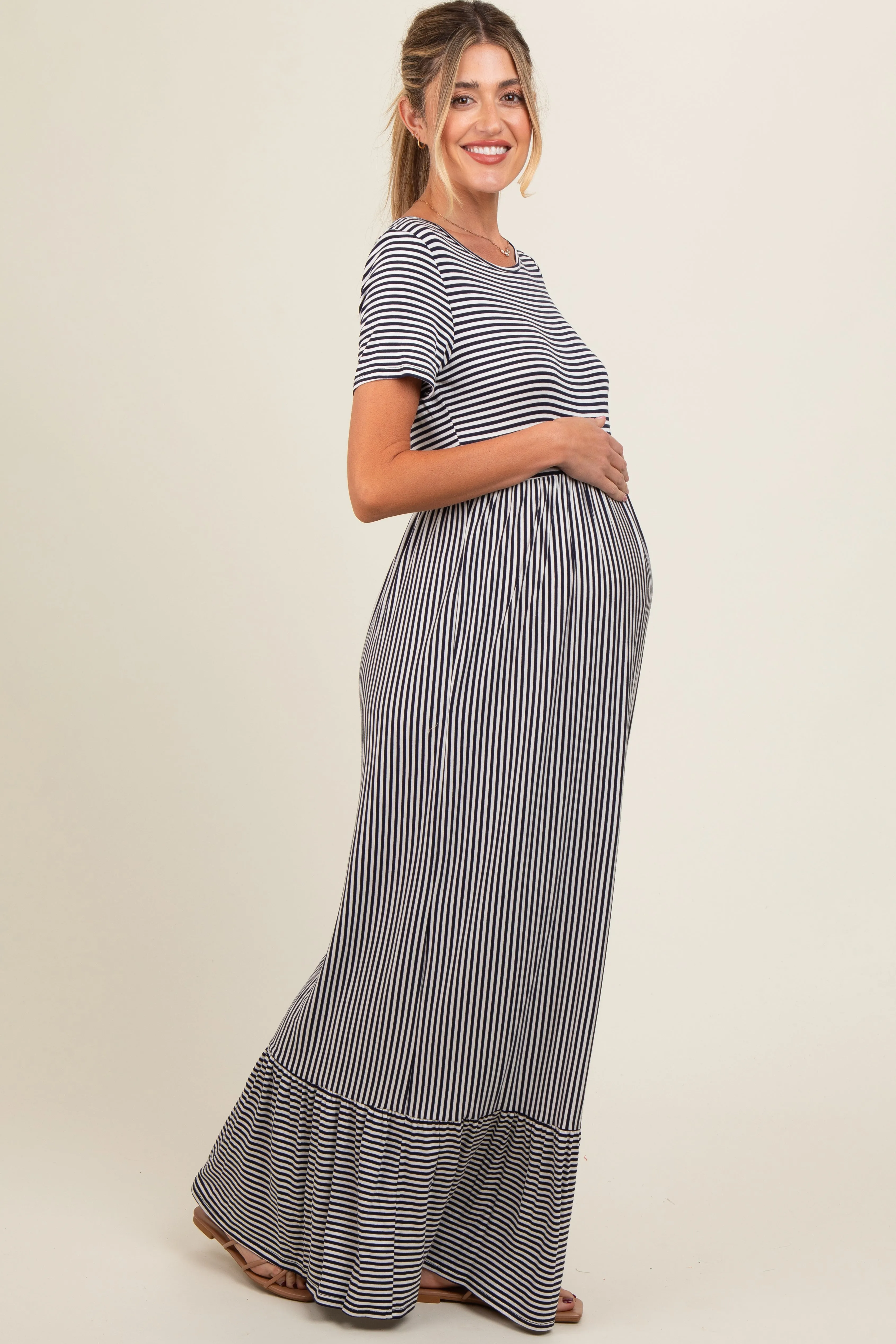 Navy Striped Short Sleeve Maternity Maxi Dress sold by Pinkblush product image thumbnail 2