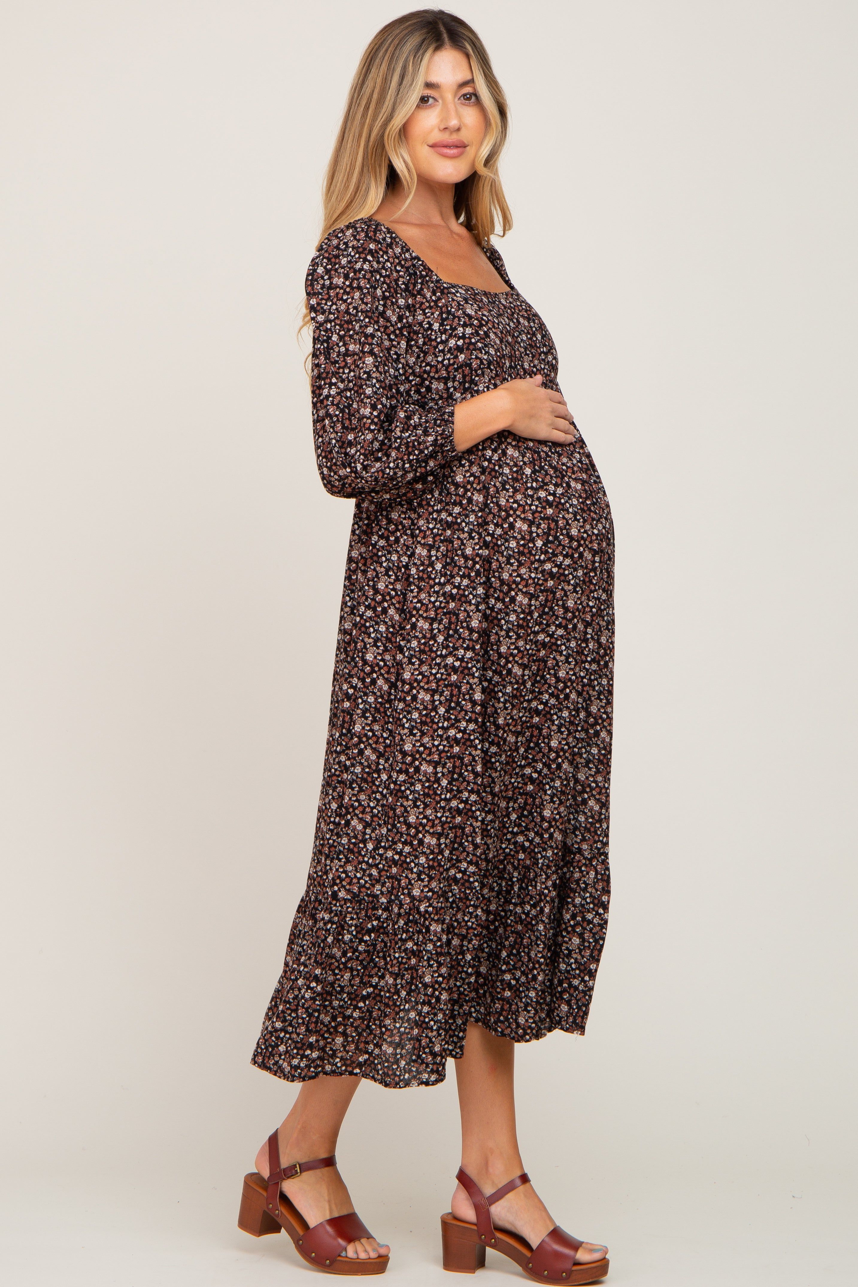 Black Floral 3/4 Sleeve Maternity Midi Dress sold by Pinkblush product image thumbnail 3