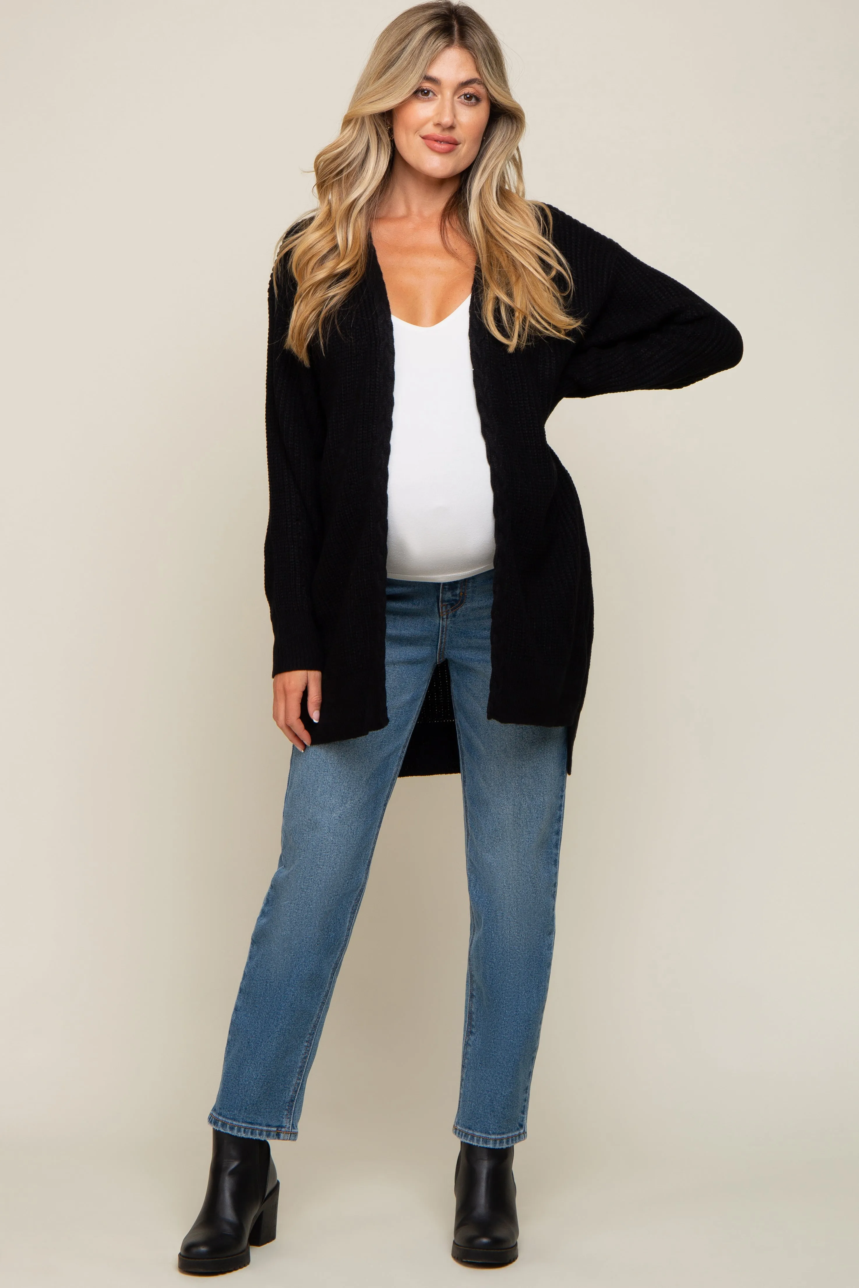 Black Cable Knit Accent Maternity Cardigan sold by Pinkblush