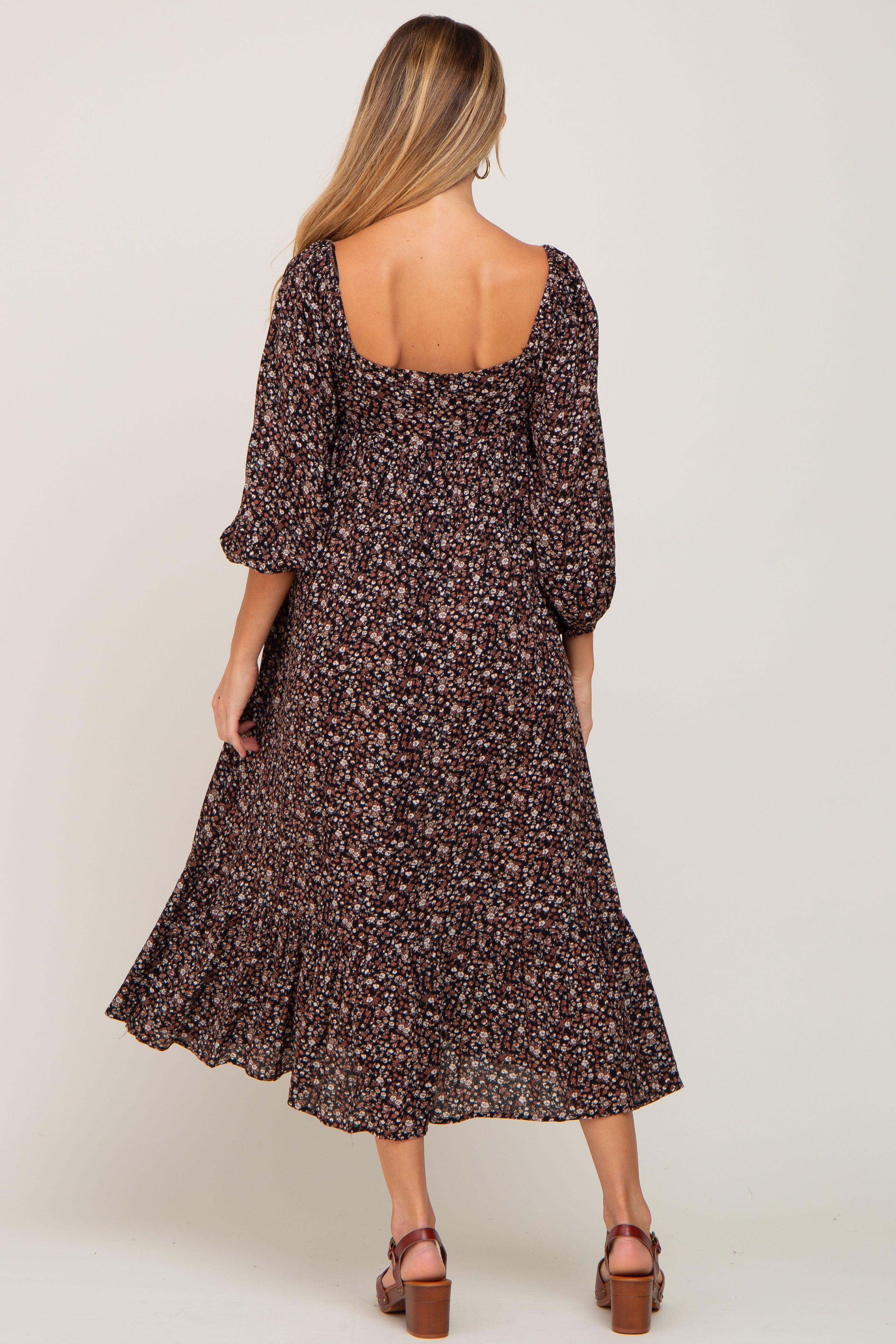 Black Floral 3/4 Sleeve Maternity Midi Dress sold by Pinkblush product image thumbnail 4