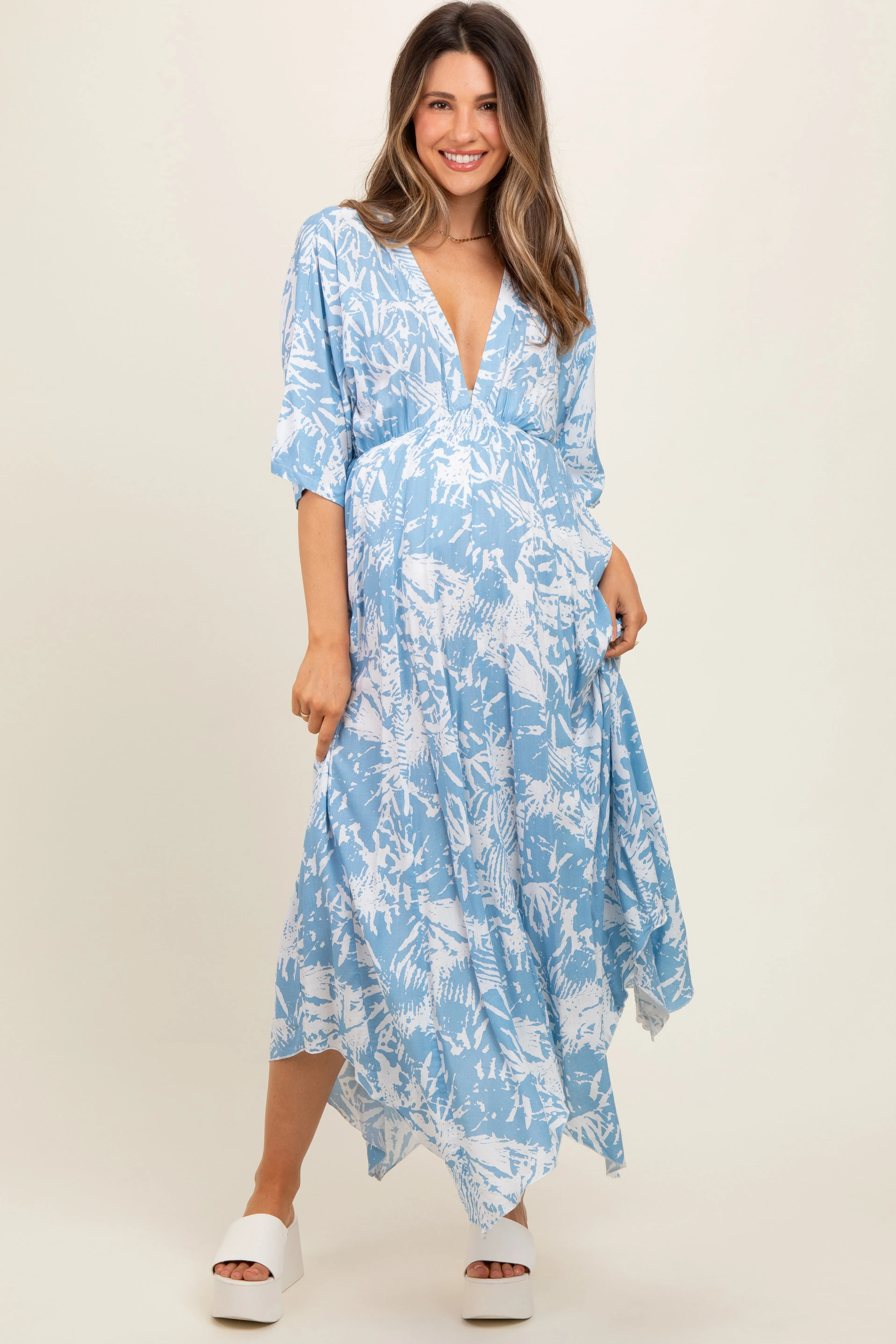 Blue Printed V-Neck Draped Maternity Maxi Dress sold by Pinkblush product image thumbnail 2