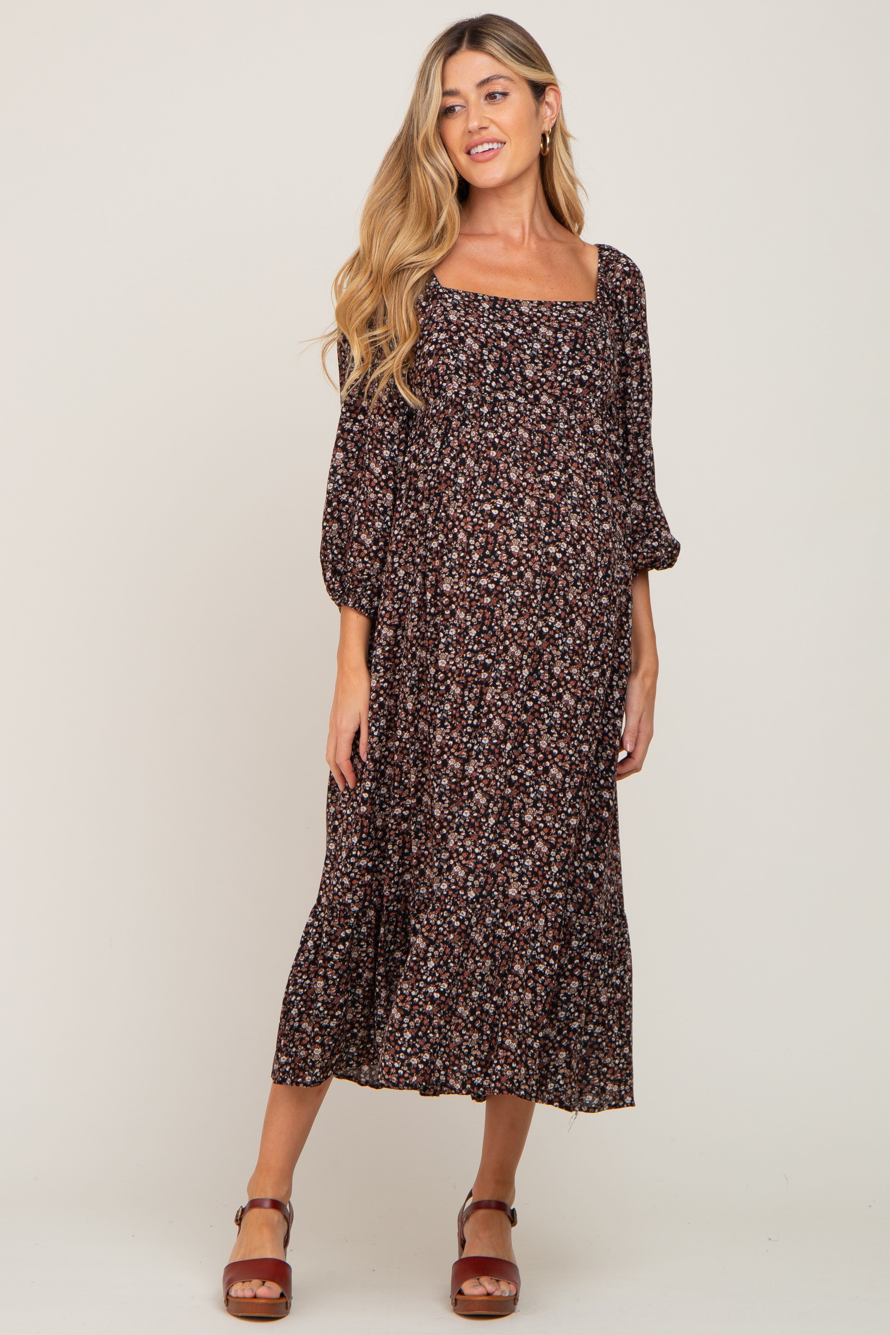 Black Floral 3/4 Sleeve Maternity Midi Dress sold by Pinkblush