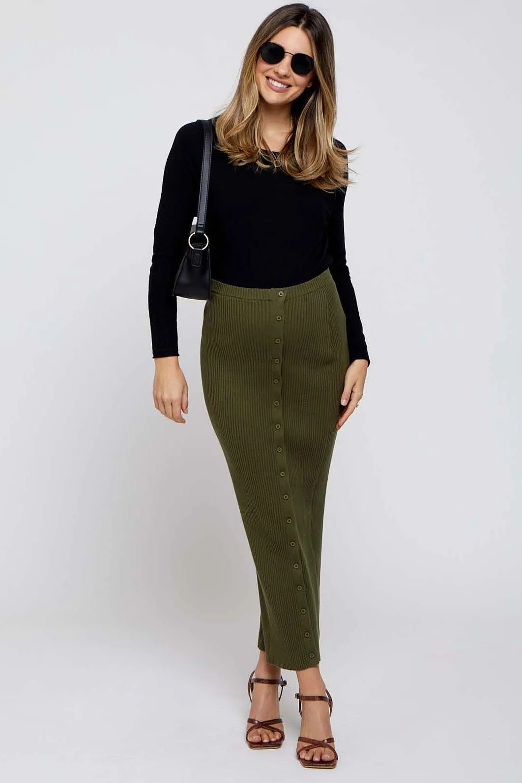 Olive Rib Knit Side Button Maternity Maxi Skirt sold by Pinkblush