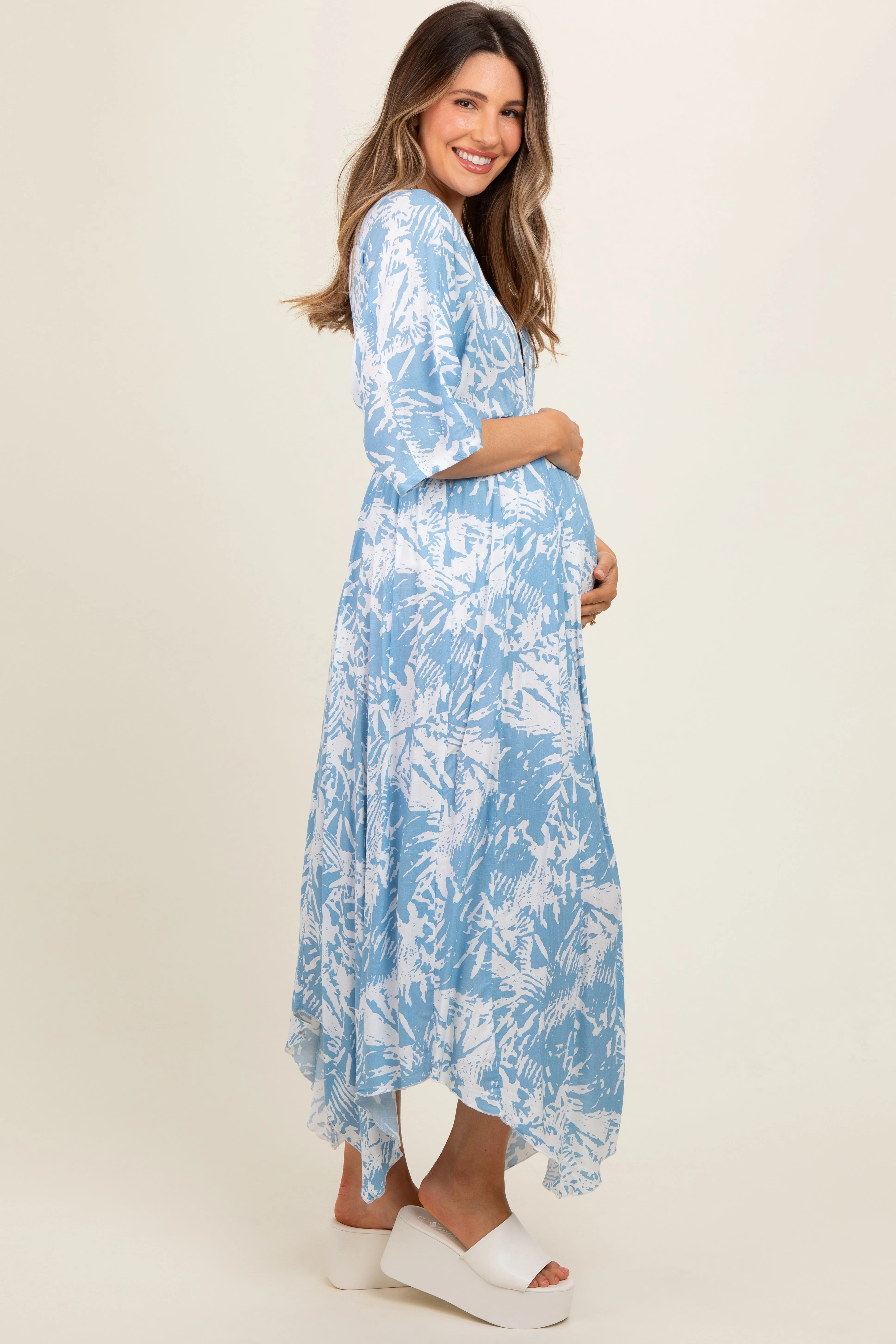 Blue Printed V-Neck Draped Maternity Maxi Dress sold by Pinkblush product image thumbnail 3