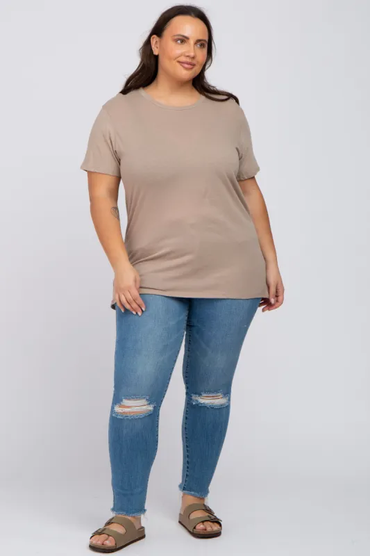 Mocha Solid Short Sleeve Plus Top sold by Pinkblush