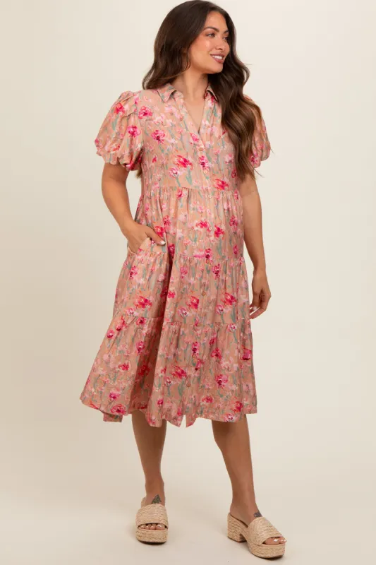 Peach Floral Button Down Tiered Maternity Midi Dress sold by Pinkblush