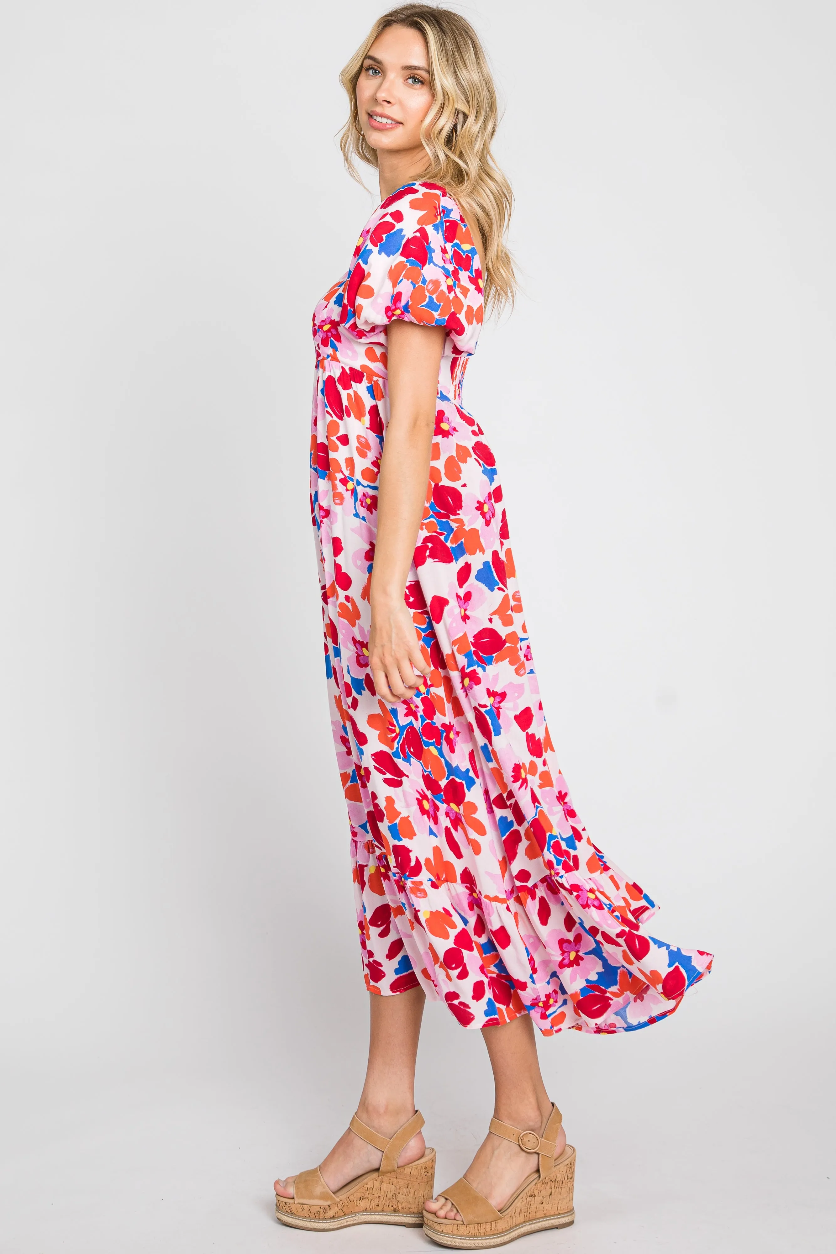 Fuchsia Floral Square Neck Short Puff Sleeve Midi Dress sold by Pinkblush product image thumbnail 2