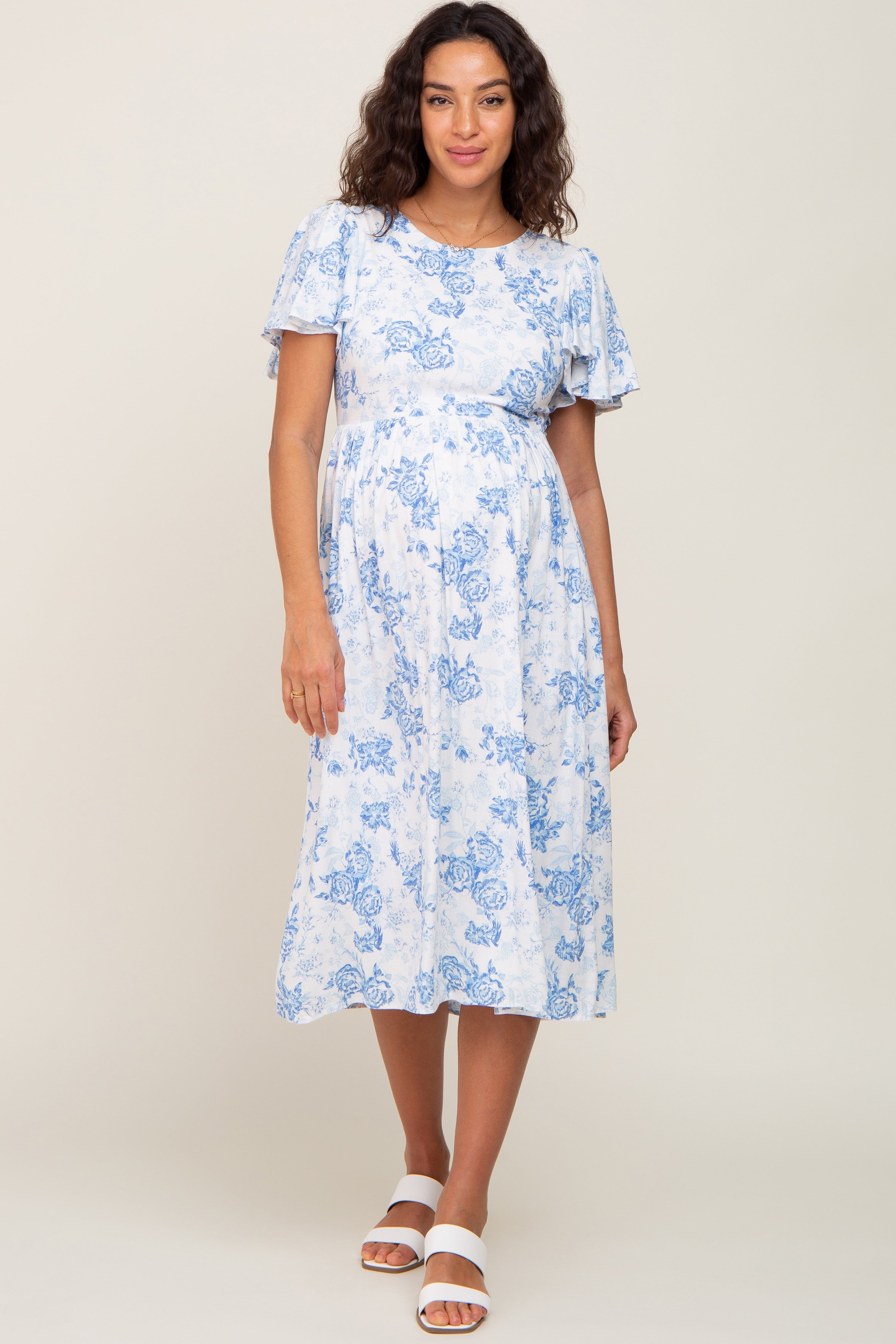 White Floral Short Flutter Sleeve Back Cutout Maternity Midi Dress sold by Pinkblush product image thumbnail 4