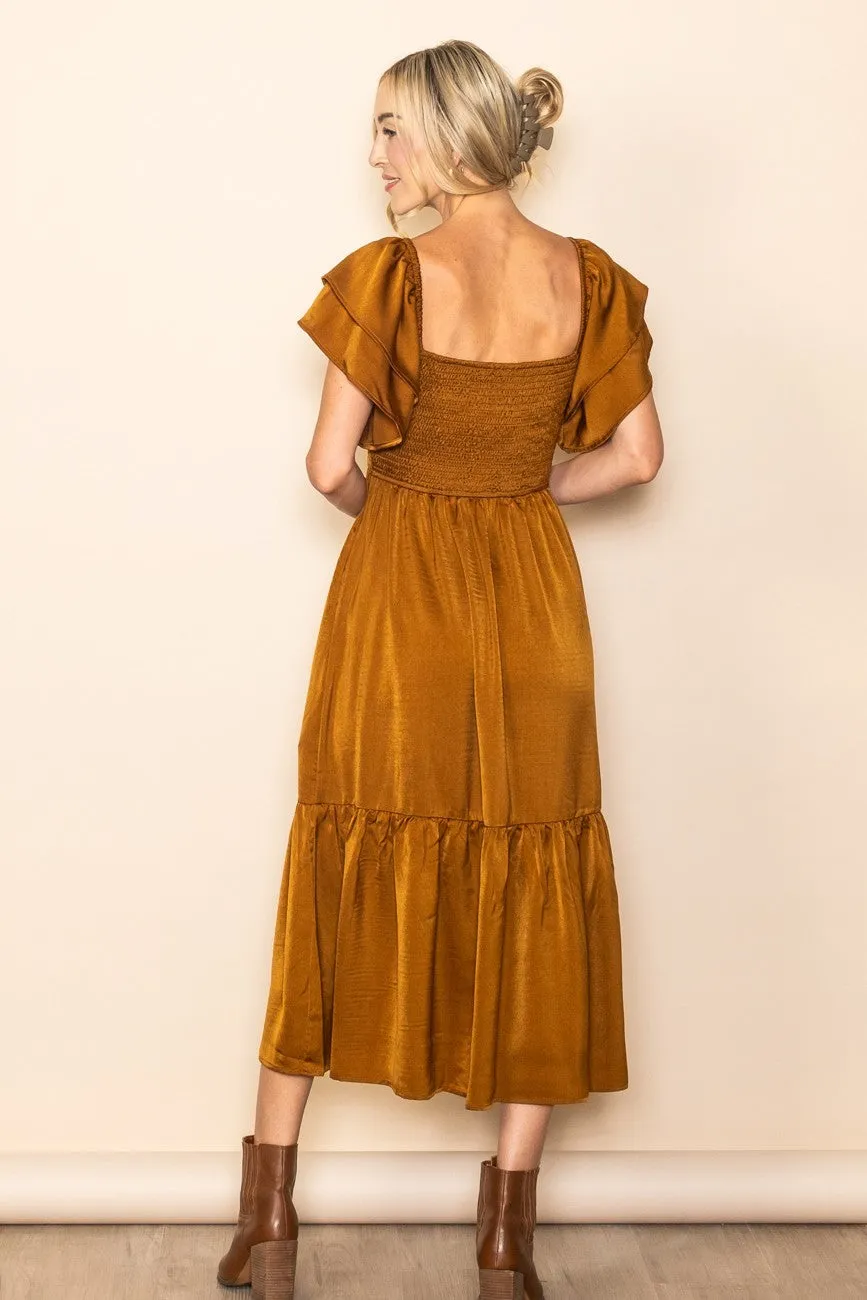 Camel Satin Flutter Sleeve Midi Dress sold by Pinkblush product image thumbnail 3
