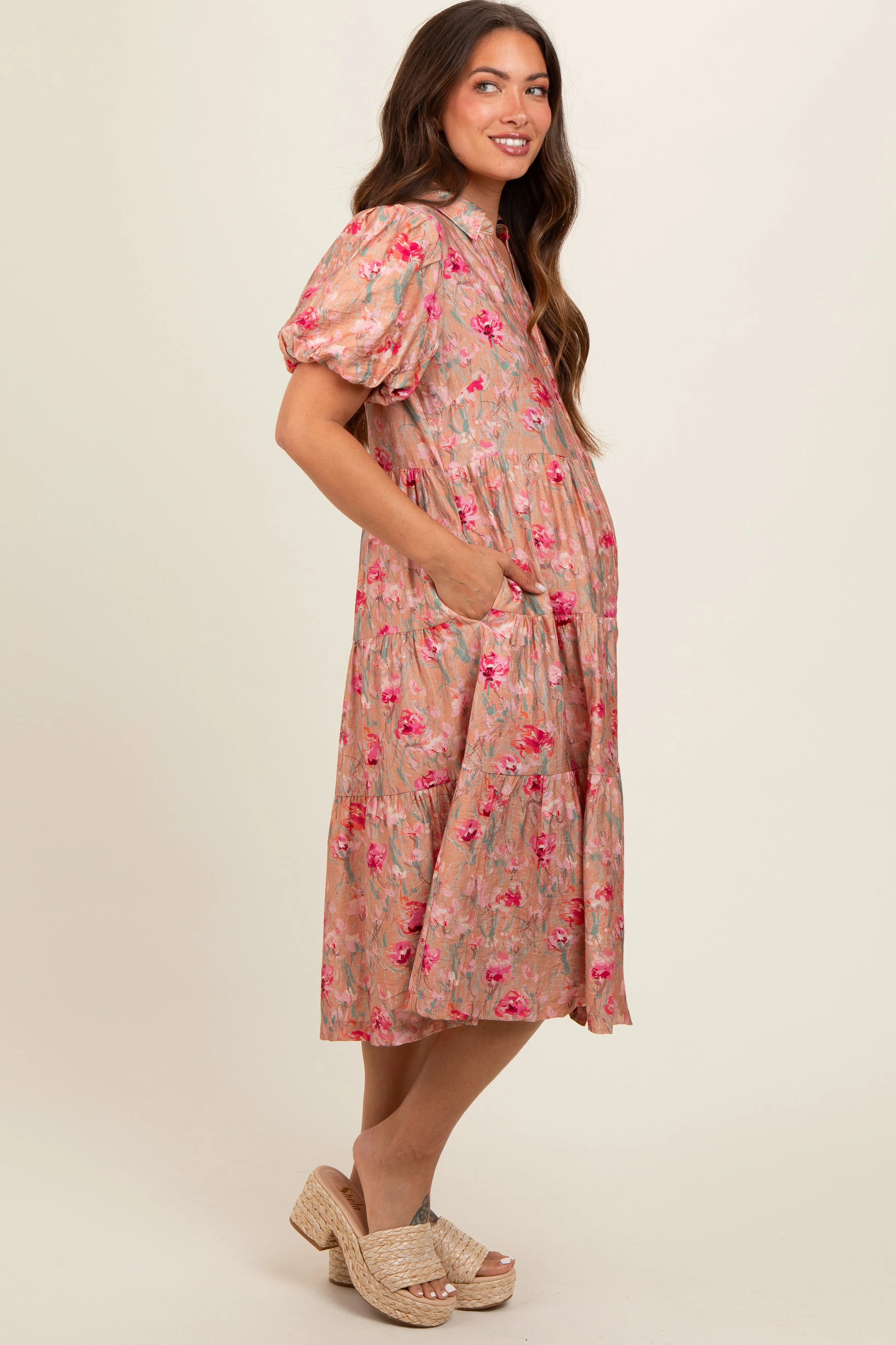 Peach Floral Button Down Tiered Maternity Midi Dress sold by Pinkblush product image thumbnail 2